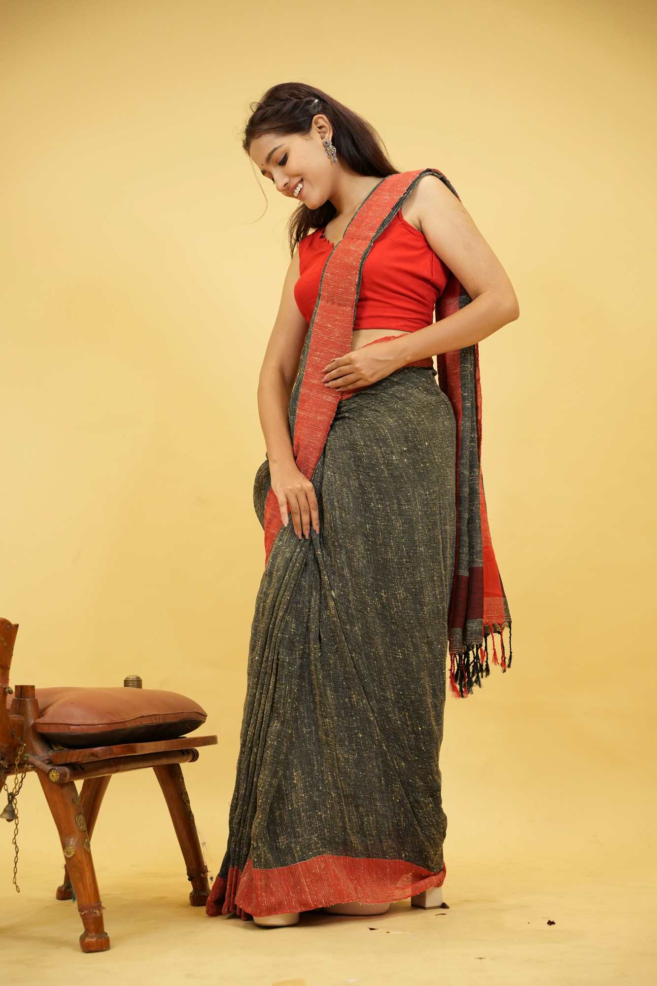 Black Reshom Khetia with Bold Red & Pink Accents Ready To Wear Saree