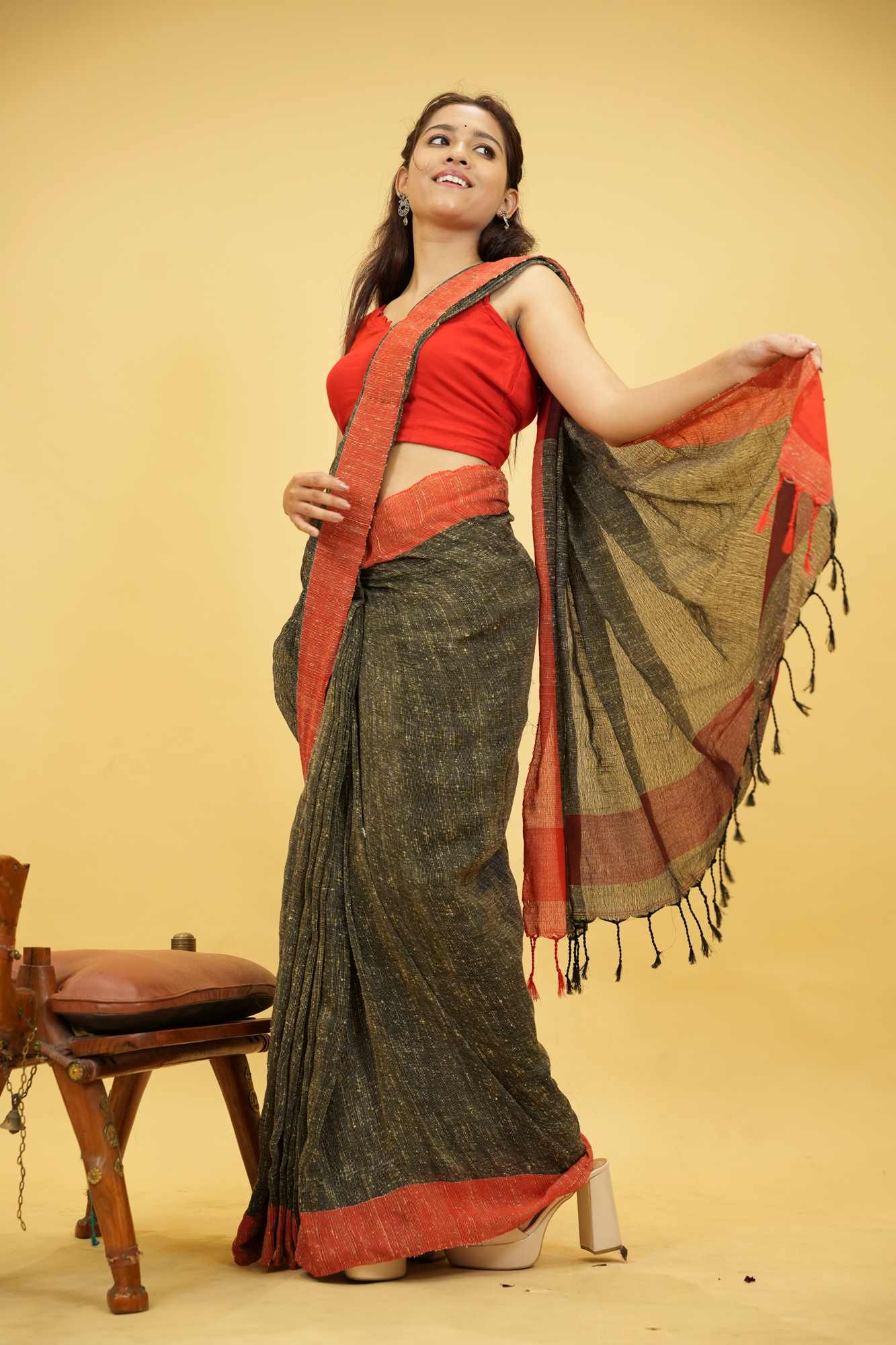 Black Reshom Khetia with Bold Red & Pink Accents Ready To Wear Saree