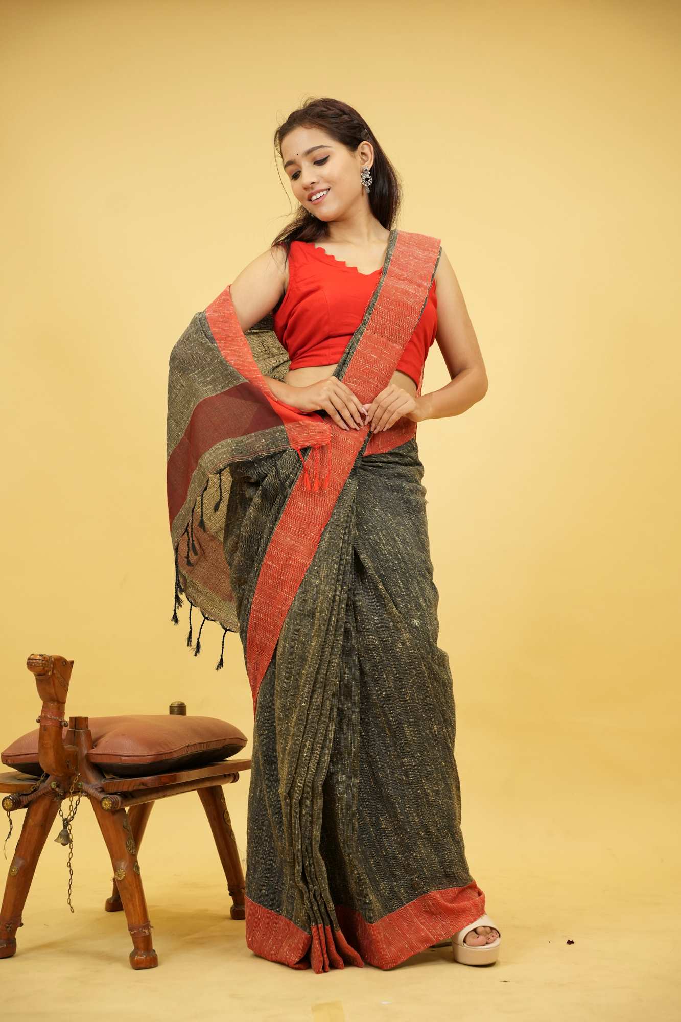 Black Reshom Khetia with Bold Red & Pink Accents Ready To Wear Saree