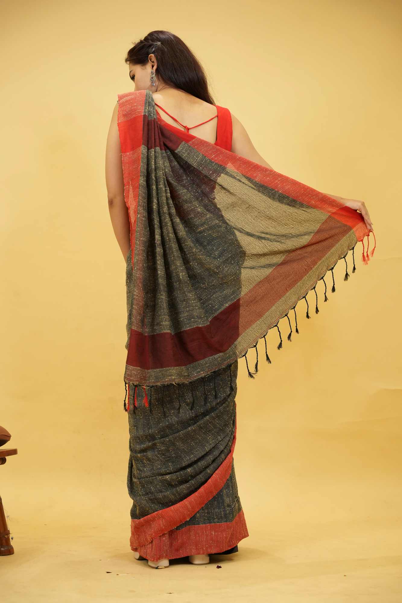 Black Reshom Khetia with Bold Red & Pink Accents Ready To Wear Saree