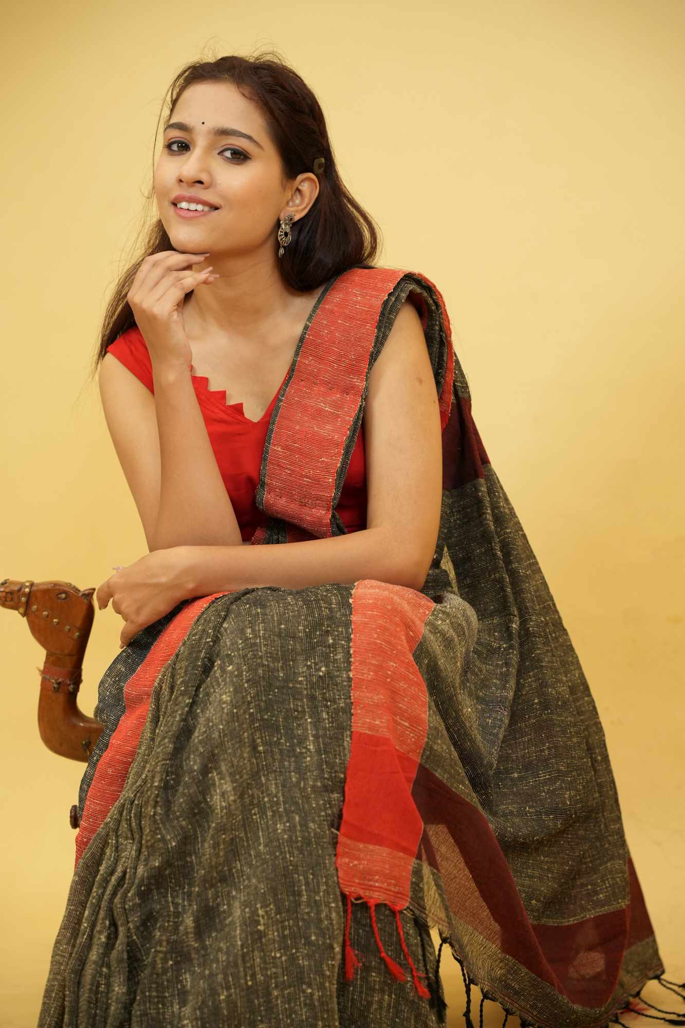 Black Reshom Khetia with Bold Red & Pink Accents Ready To Wear Saree