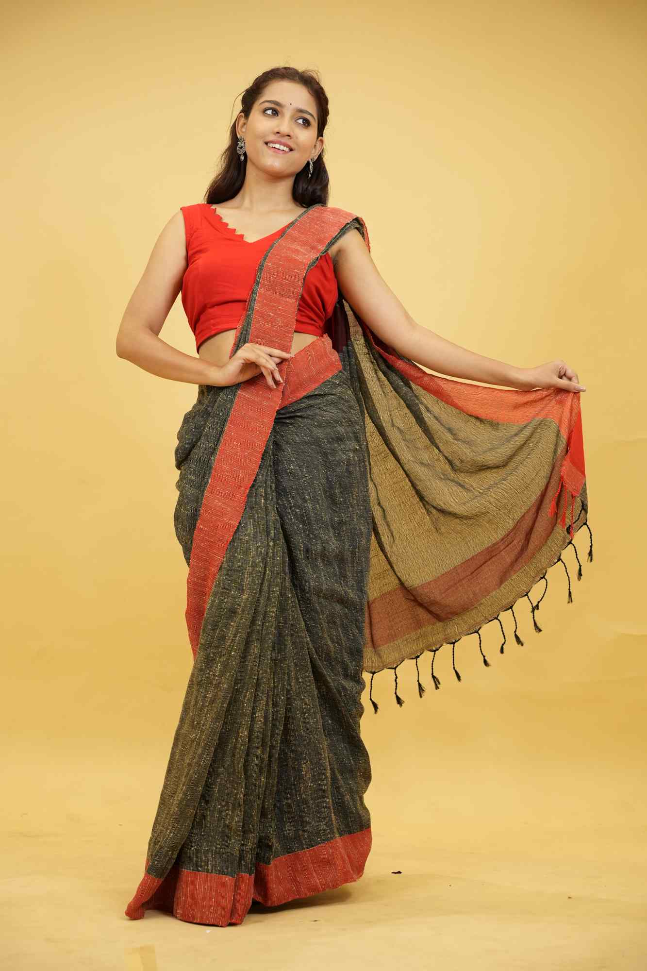 Black Reshom Khetia with Bold Red & Pink Accents Ready To Wear Saree