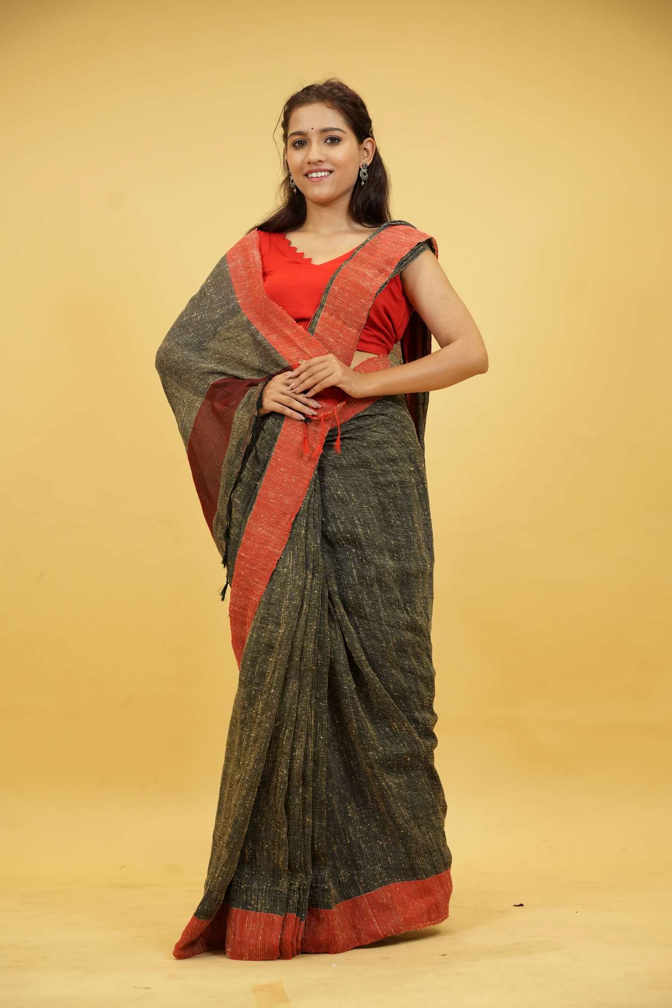 Black Reshom Khetia with Bold Red & Pink Accents Ready To Wear Saree