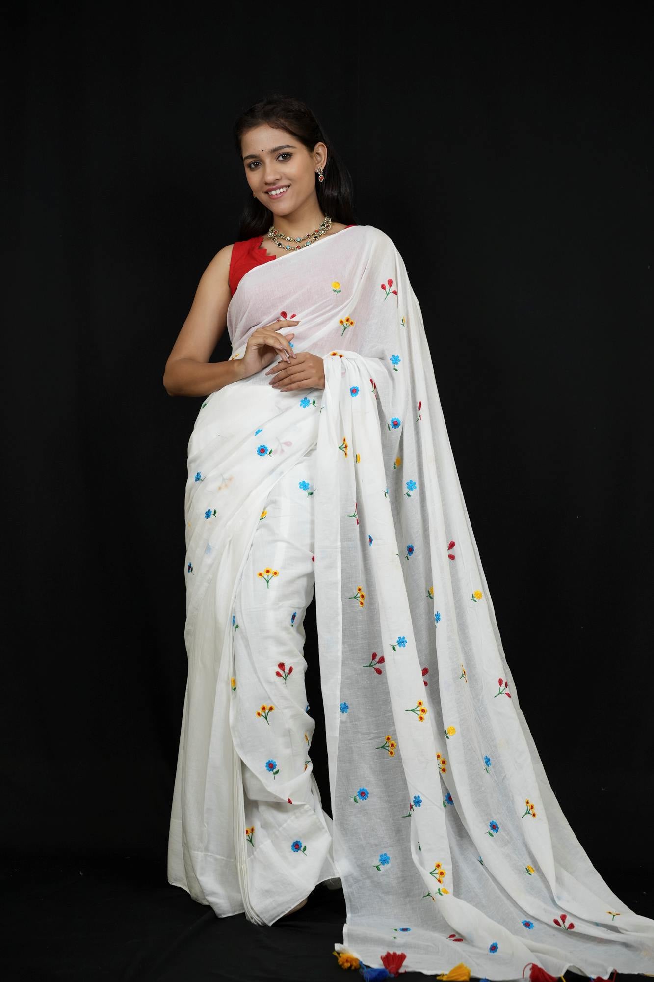 Mulmul Cotton with Embroidery Ready to wear Saree