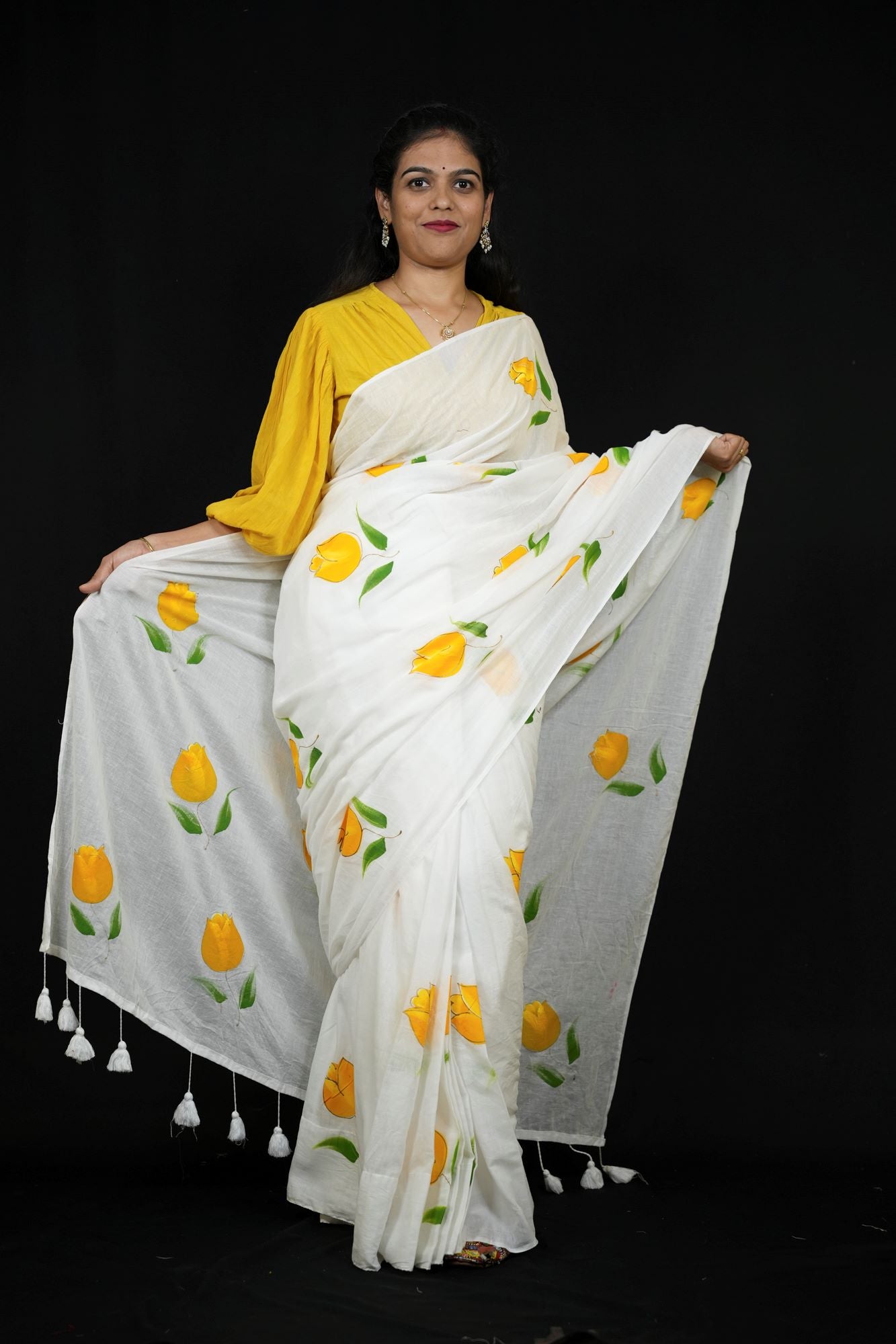 Khadi Cotton with Hand-Paint Inspired print Yellow Floral Motifs Ready To Wear Saree