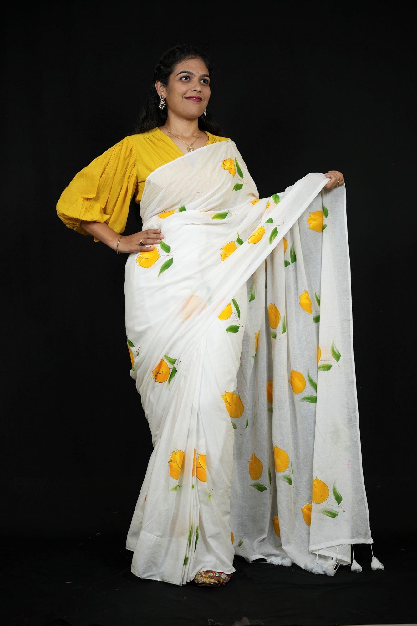 Khadi Cotton with Hand-Paint Inspired print Yellow Floral Motifs Ready To Wear Saree