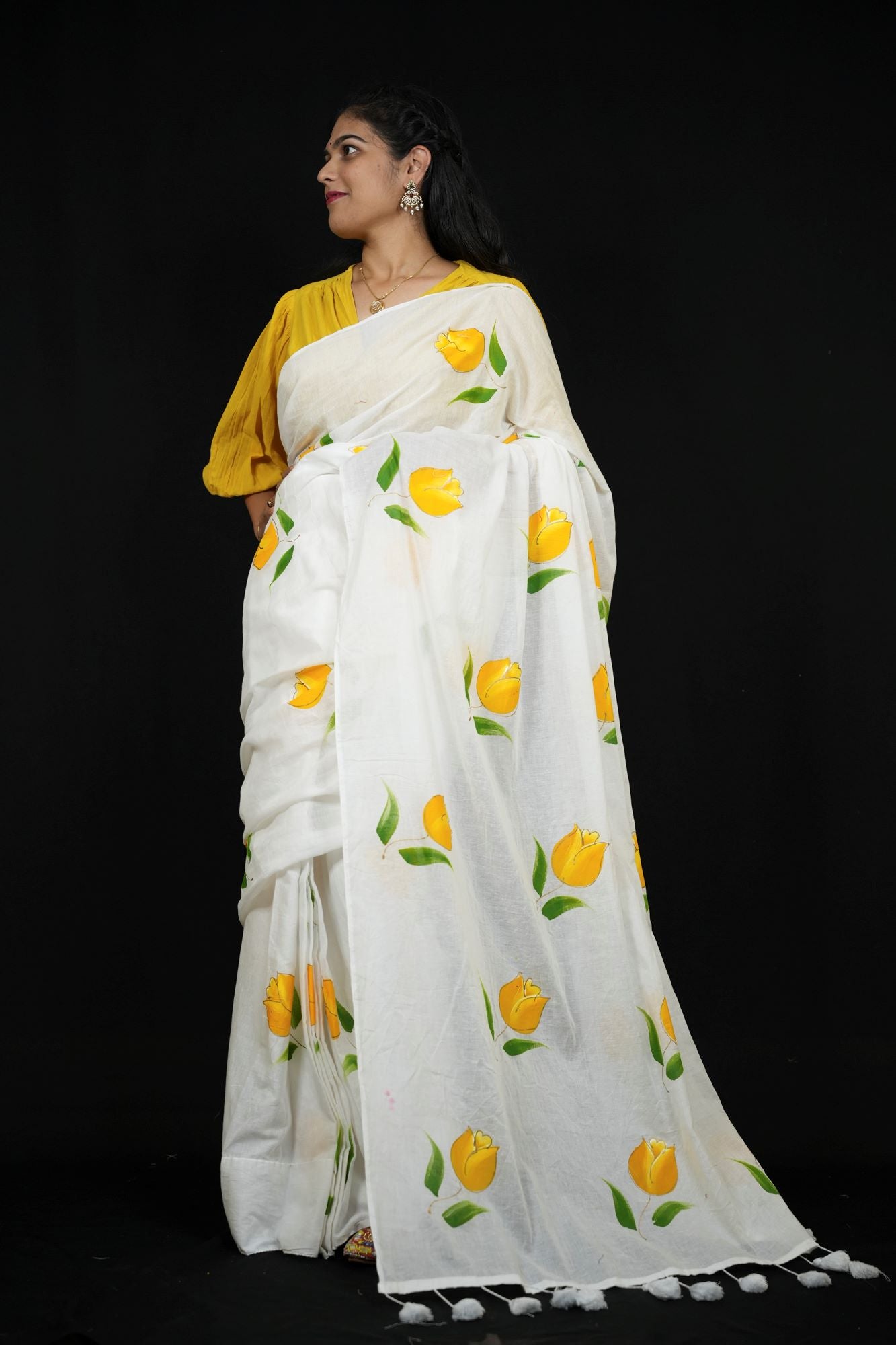 Khadi Cotton with Hand-Paint Inspired print Yellow Floral Motifs Ready To Wear Saree