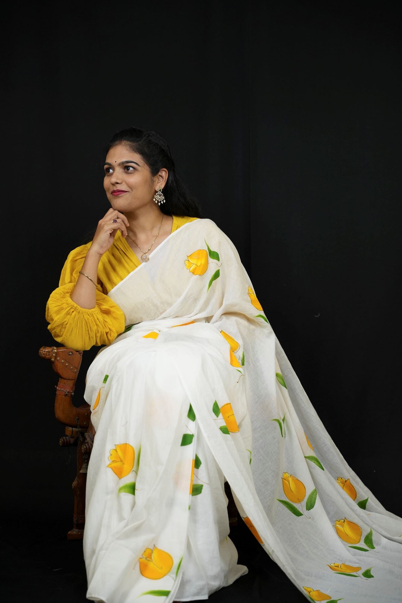 Khadi Cotton with Hand-Paint Inspired print Yellow Floral Motifs Ready To Wear Saree