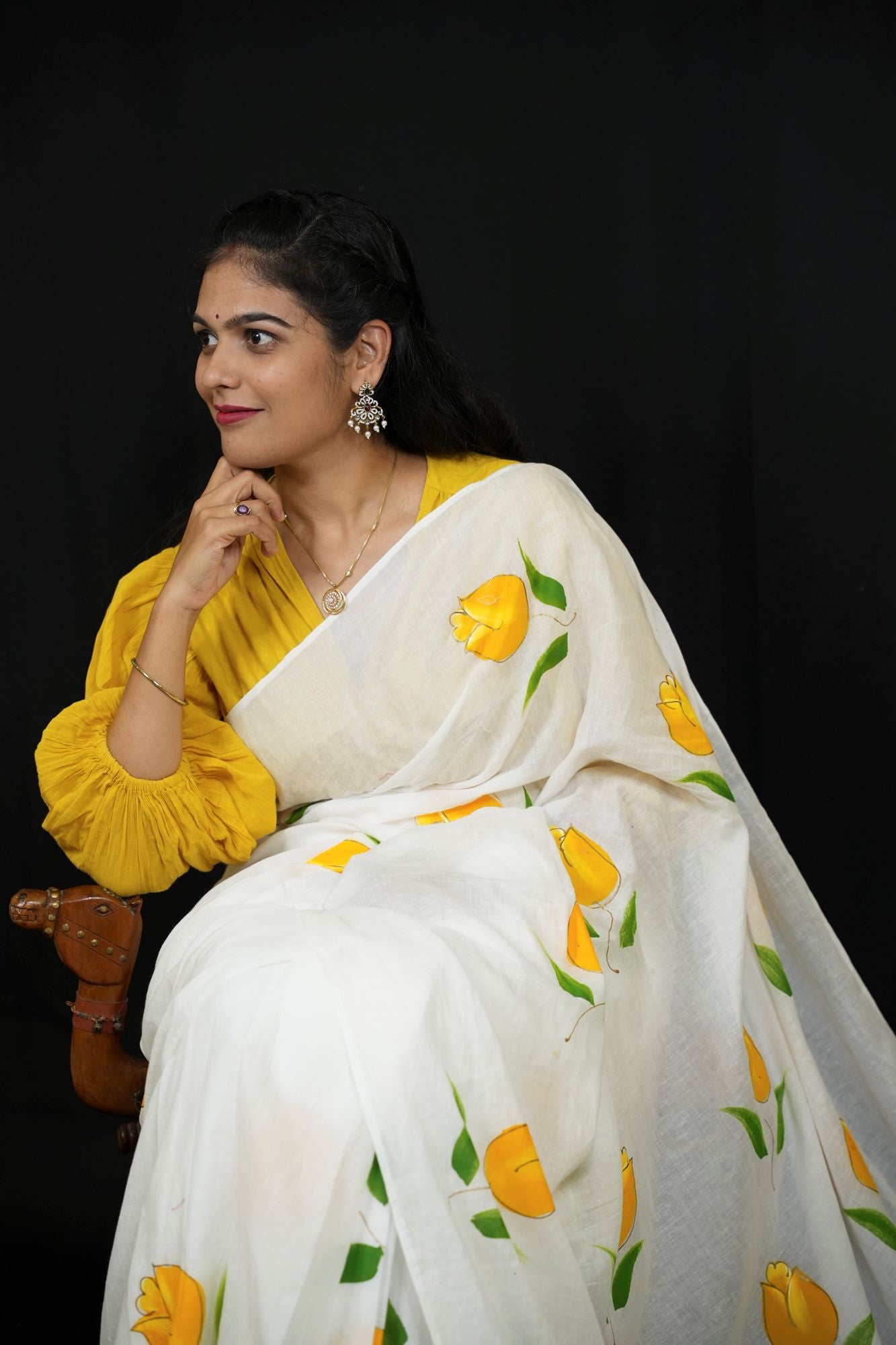 Khadi Cotton with Hand-Paint Inspired print Yellow Floral Motifs Ready To Wear Saree