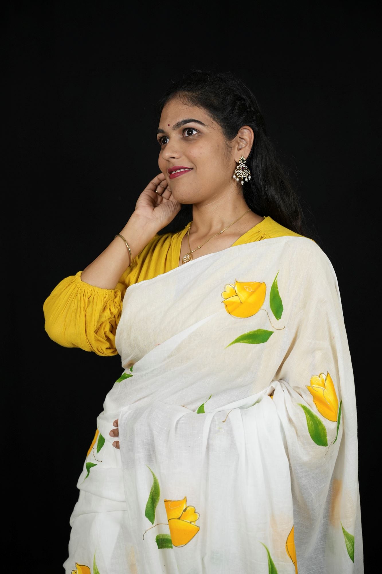 Khadi Cotton with Hand-Paint Inspired print Yellow Floral Motifs Ready To Wear Saree