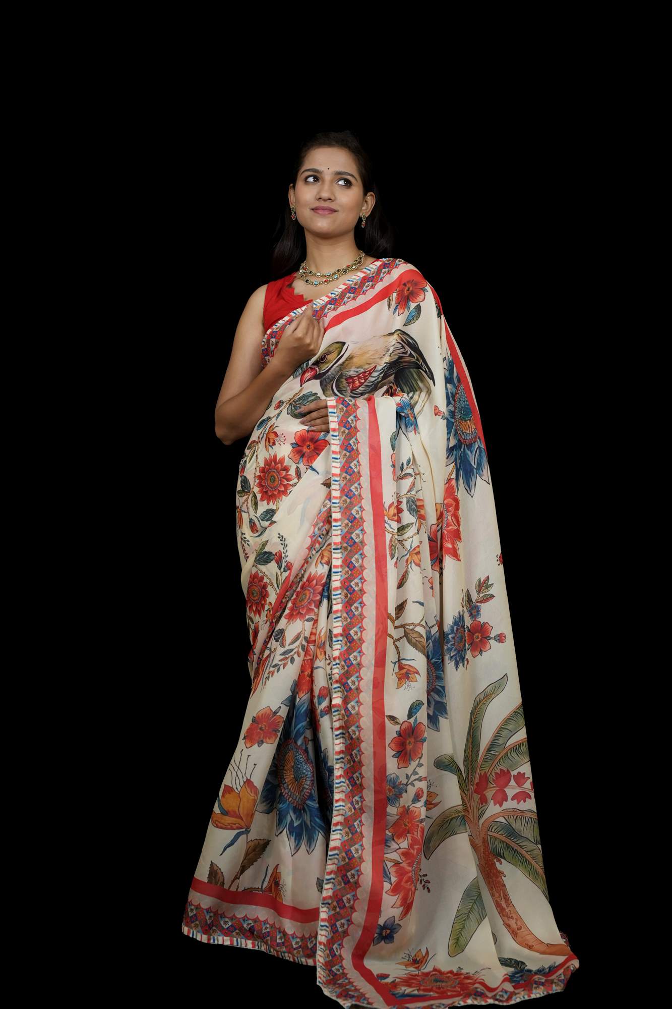 Ivory Tropical Garden Digital Print Georgette Ready To Wear Saree
