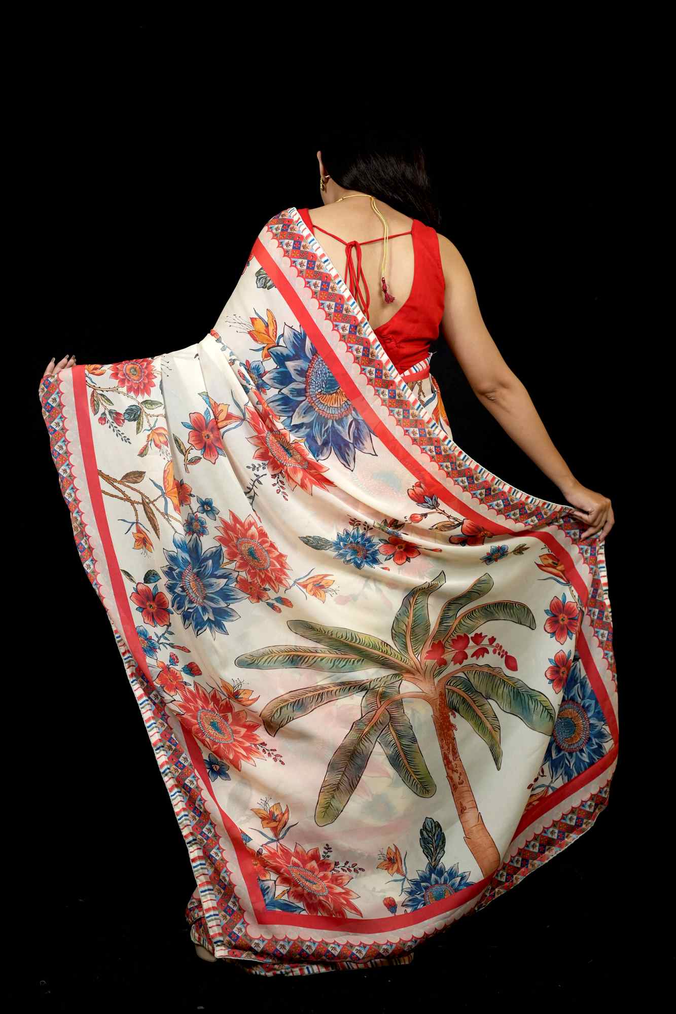 Ivory Tropical Garden Digital Print Georgette Ready To Wear Saree