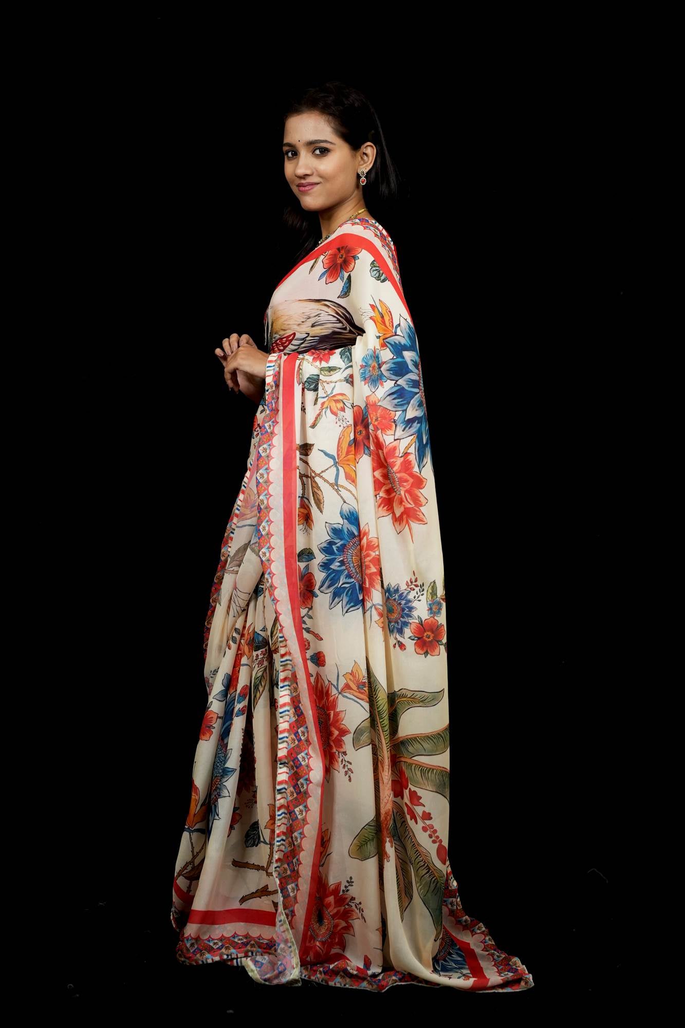 Ivory Tropical Garden Digital Print Georgette Ready To Wear Saree