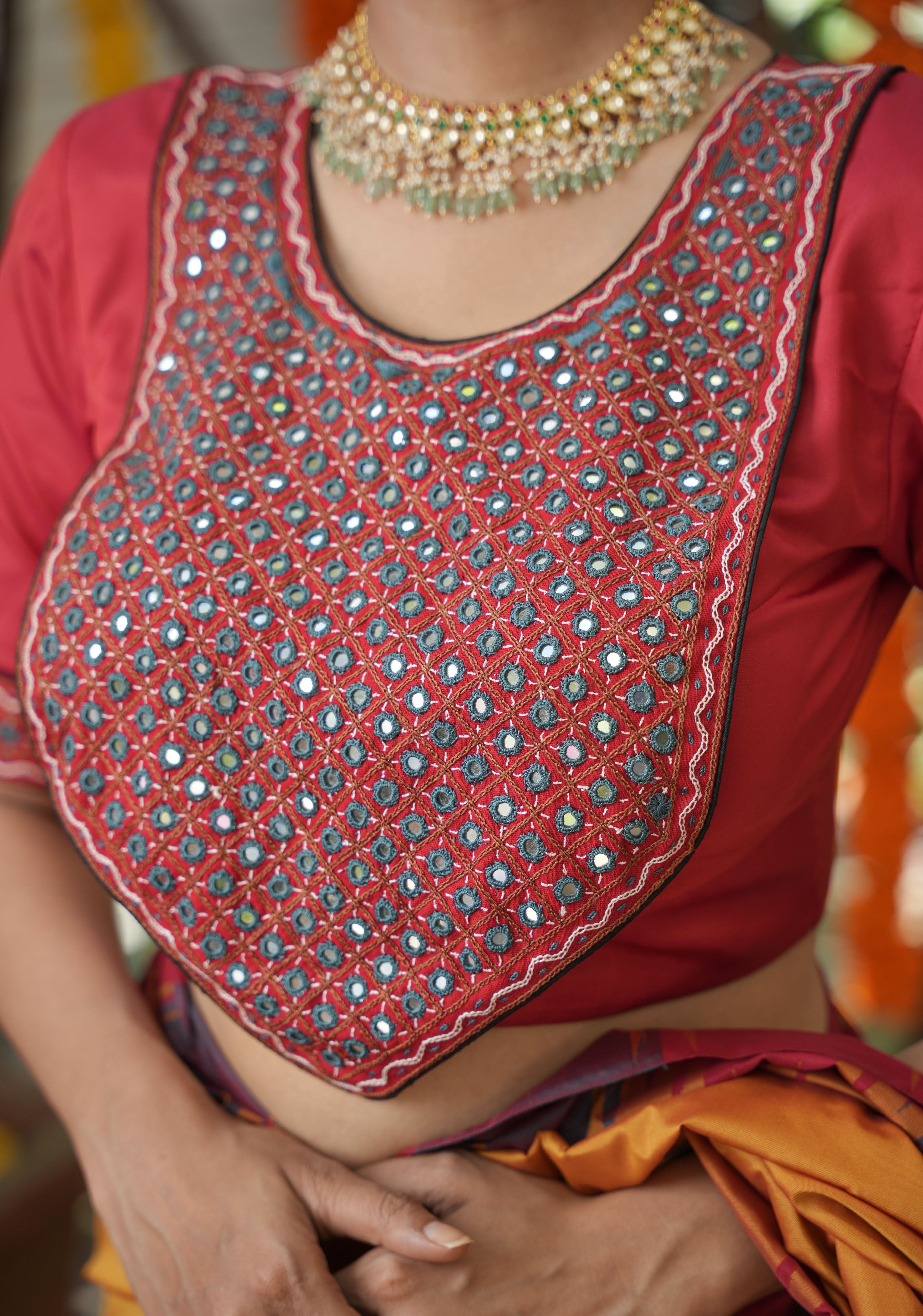 Banjaran Flap Yoke Style Red Mirrorwork Blouse, Made to Order | Shobitam