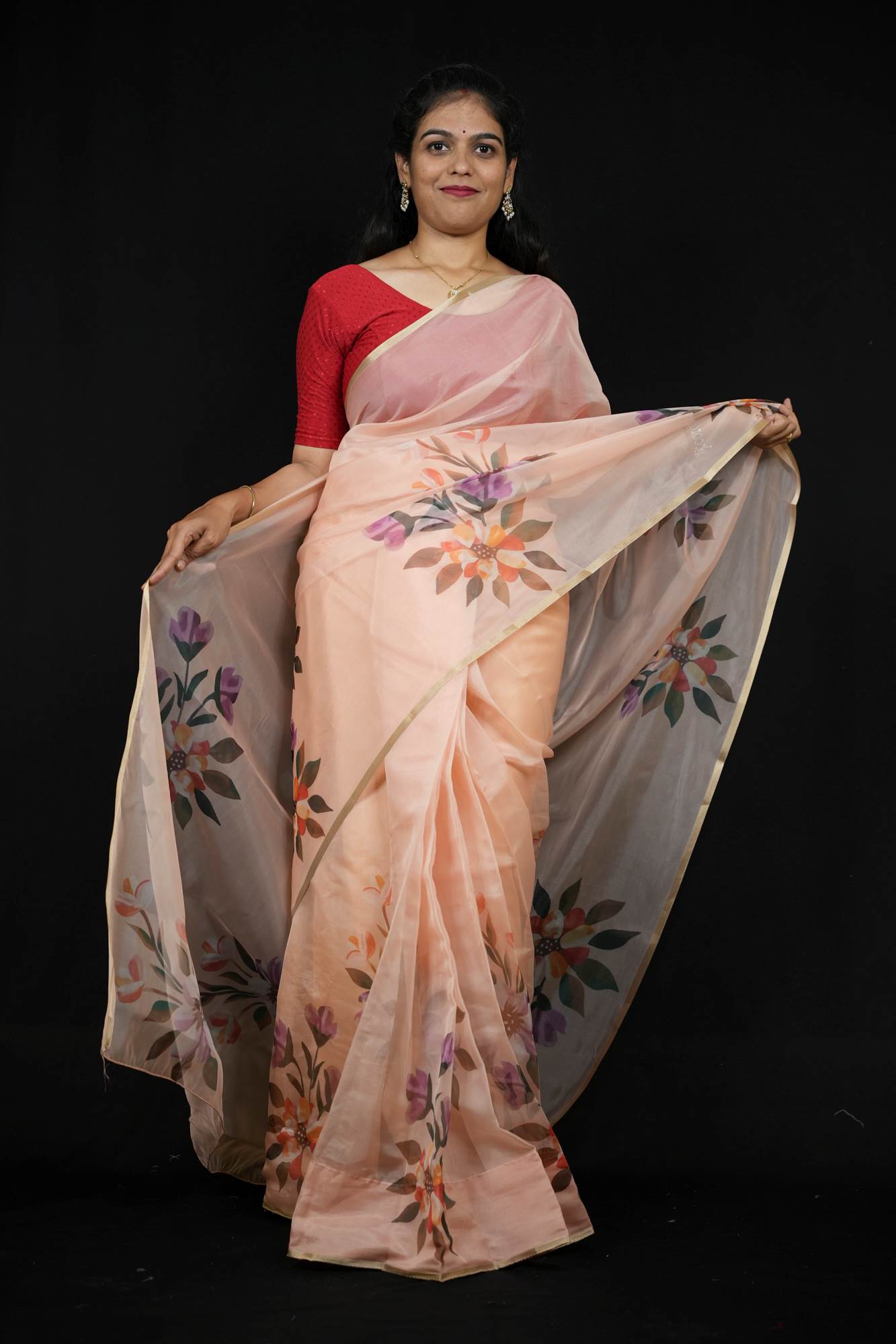 Chiffon Hand Block Brush-Painted with Red Fruit & Leaf Motifs Ready To Wear Saree
