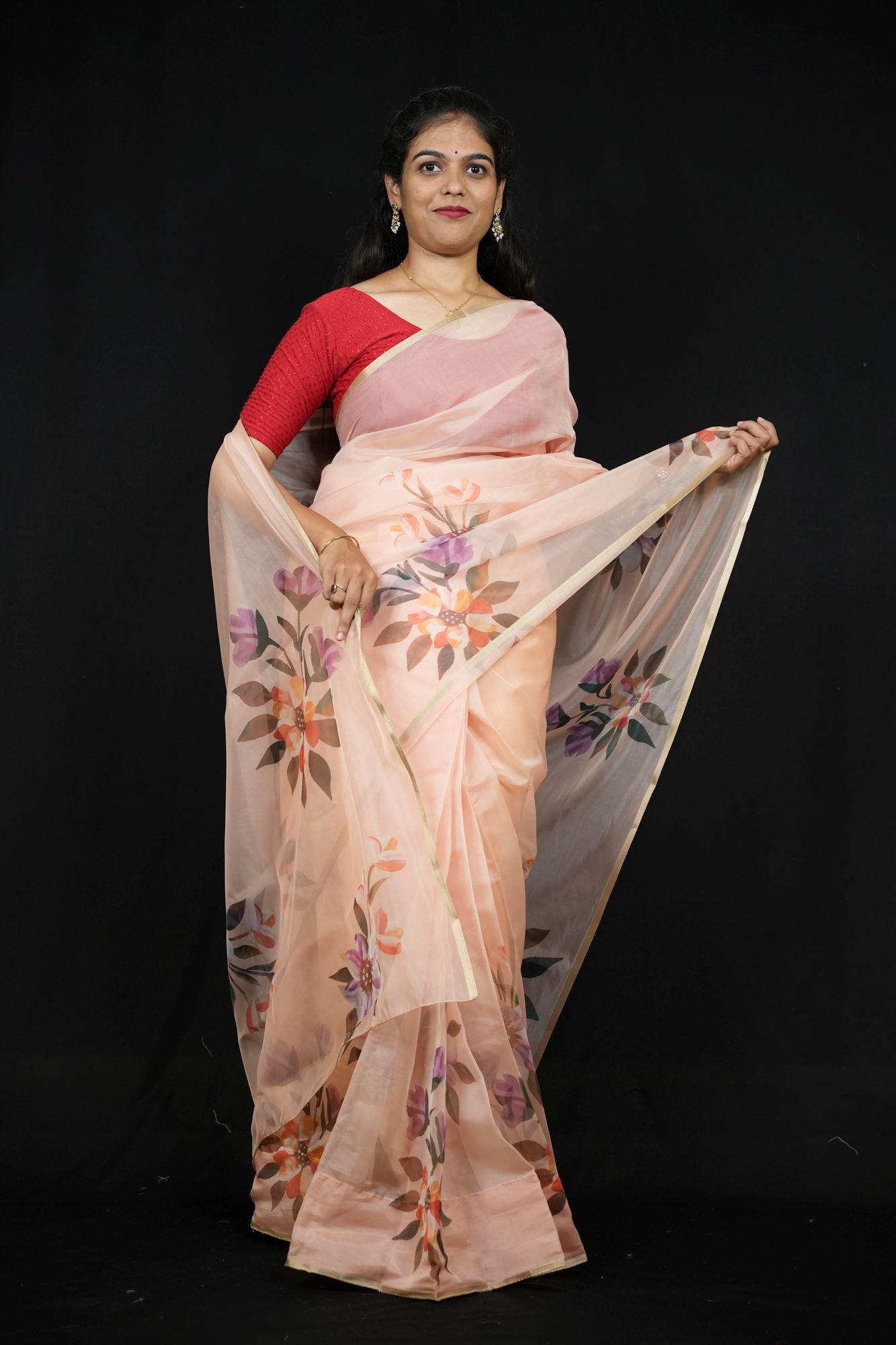 Chiffon Hand Block Brush-Painted with Red Fruit & Leaf Motifs Ready To Wear Saree