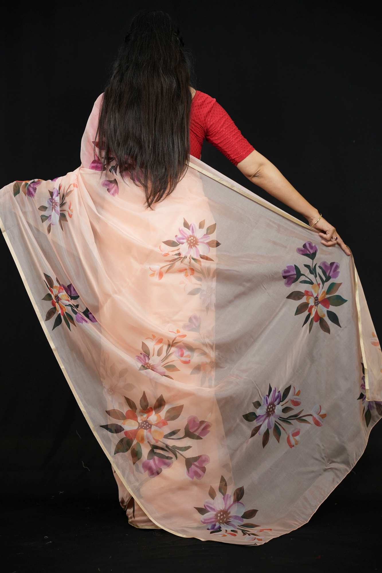 Chiffon Hand Block Brush-Painted with Red Fruit & Leaf Motifs Ready To Wear Saree