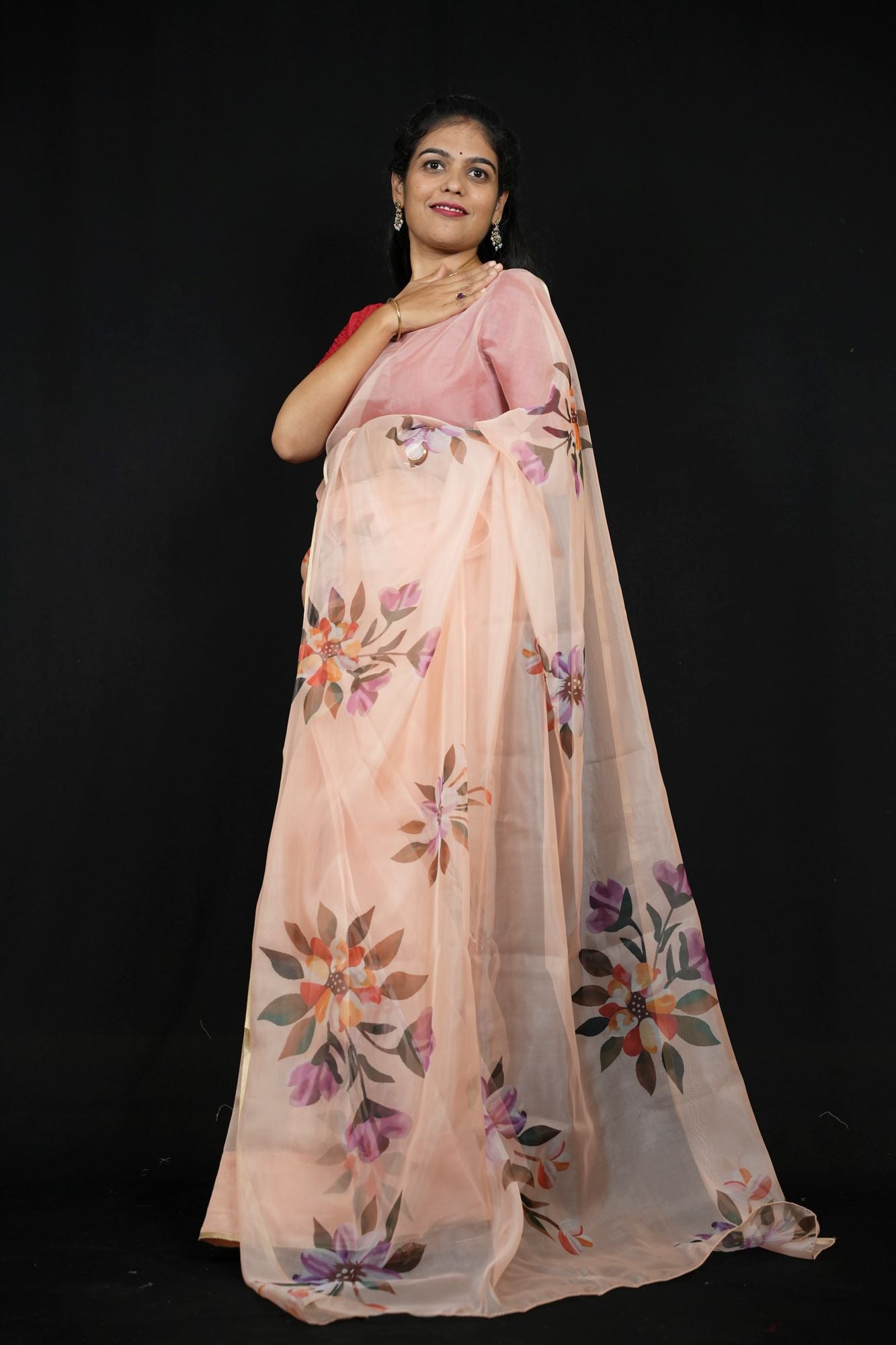 Chiffon Hand Block Brush-Painted with Red Fruit & Leaf Motifs Ready To Wear Saree