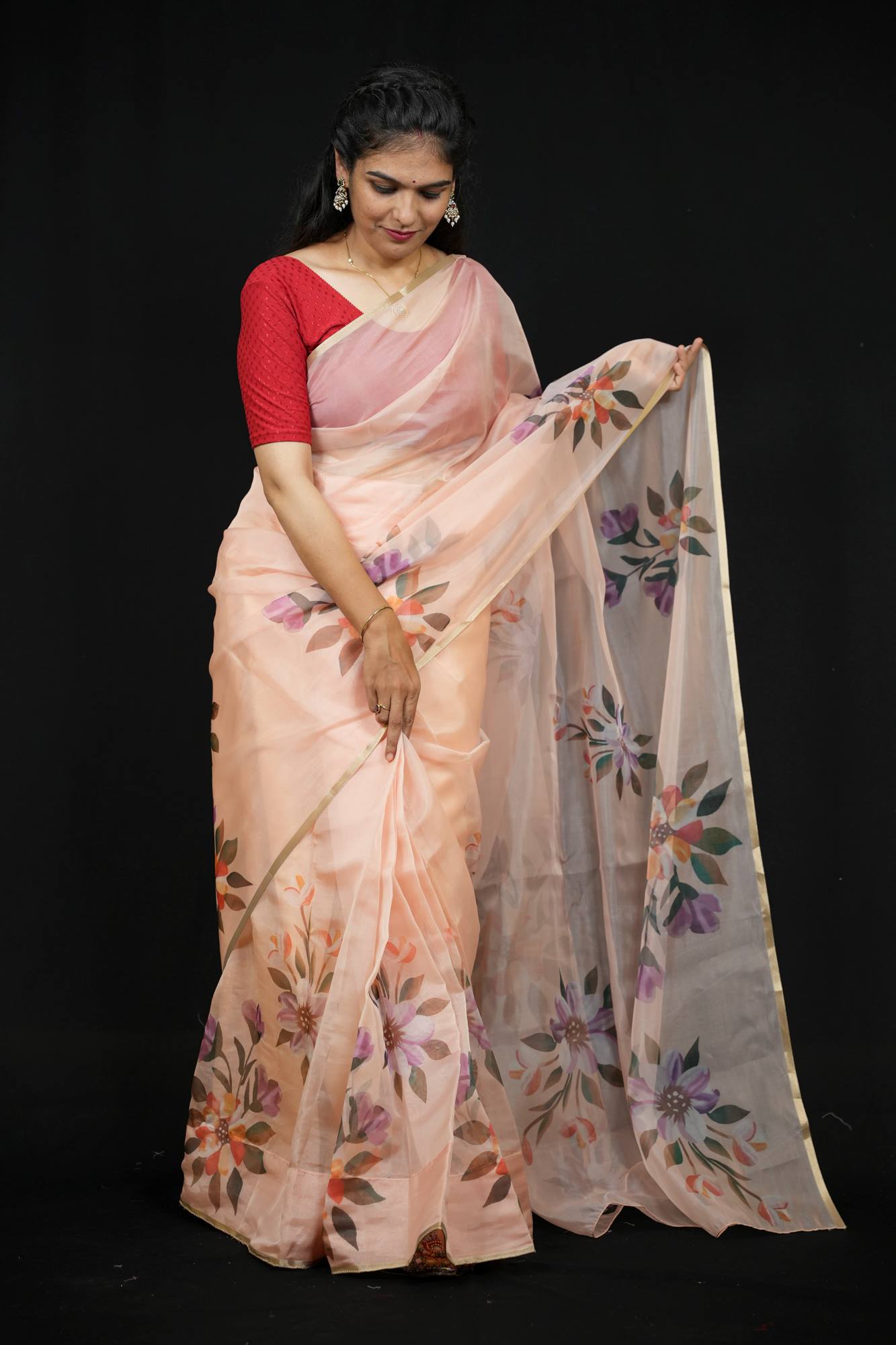 Chiffon Hand Block Brush-Painted with Red Fruit & Leaf Motifs Ready To Wear Saree