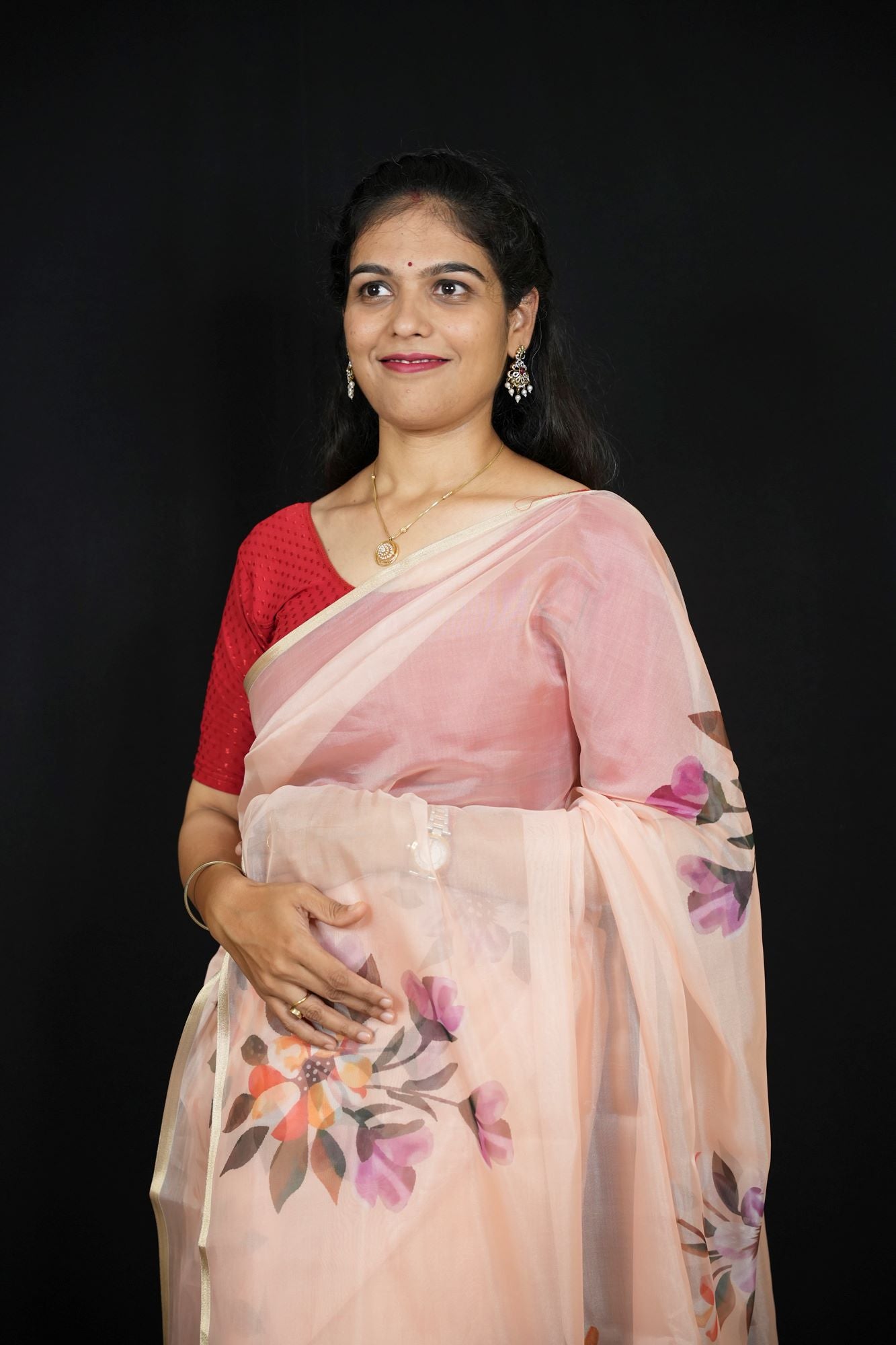 Chiffon Hand Block Brush-Painted with Red Fruit & Leaf Motifs Ready To Wear Saree