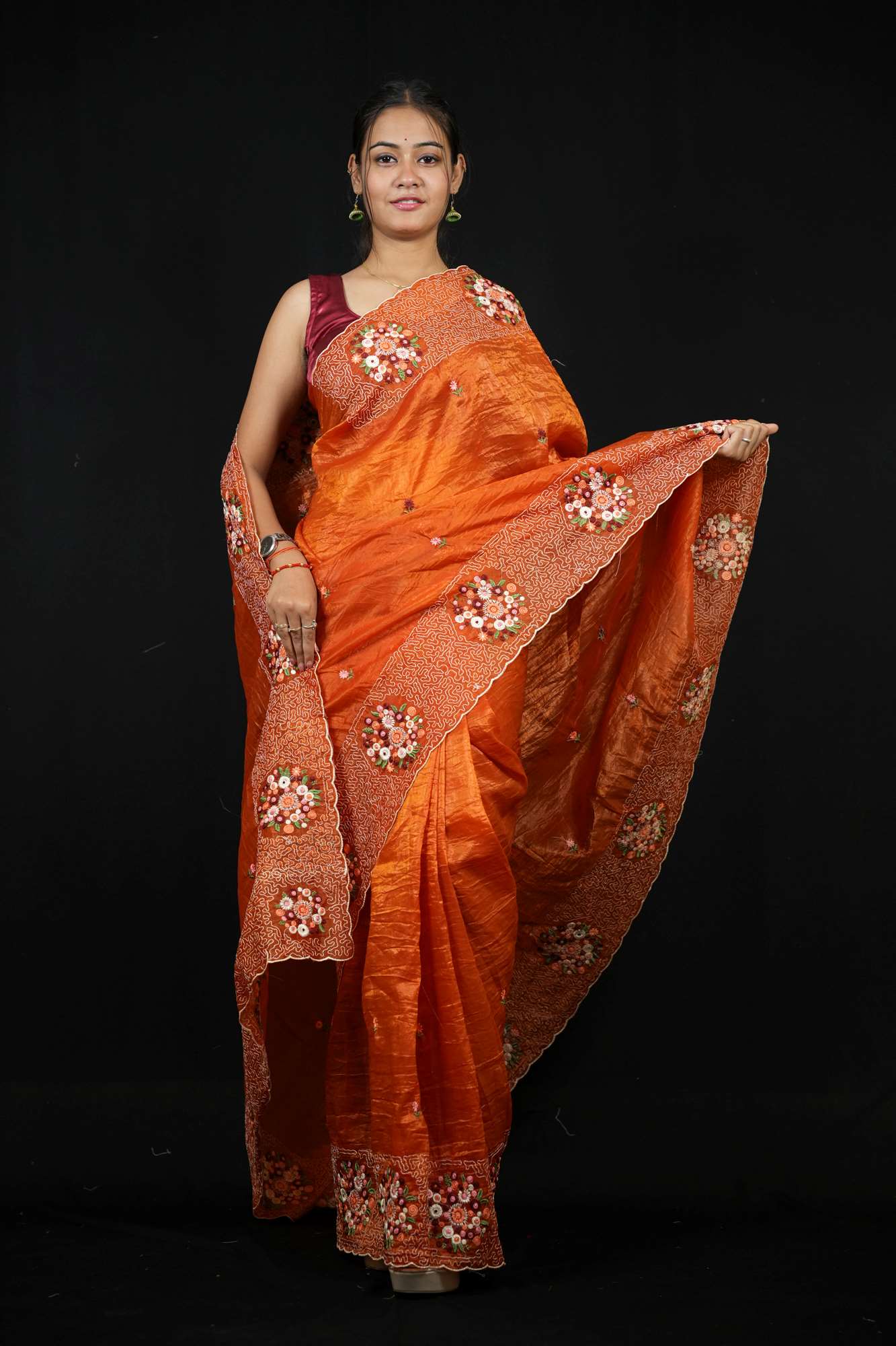 Soft Paper Crush Silk with Embroidered C-Pallu Ready To Wear Saree