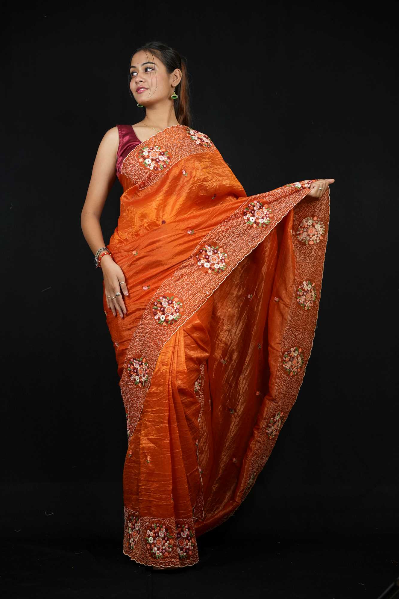 Soft Paper Crush Silk with Embroidered C-Pallu Ready To Wear Saree