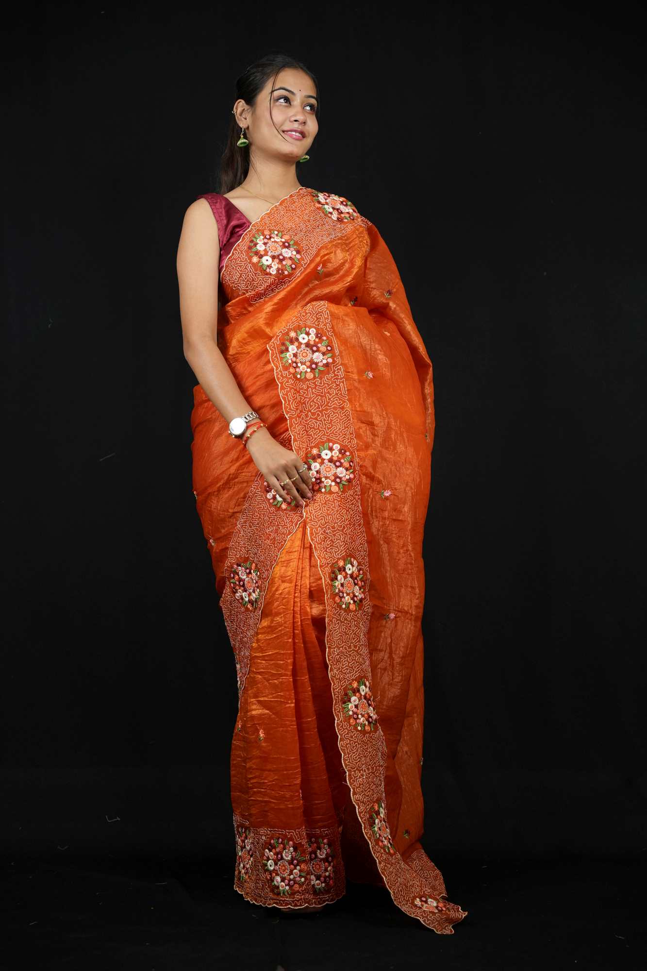 Soft Paper Crush Silk with Embroidered C-Pallu Ready To Wear Saree