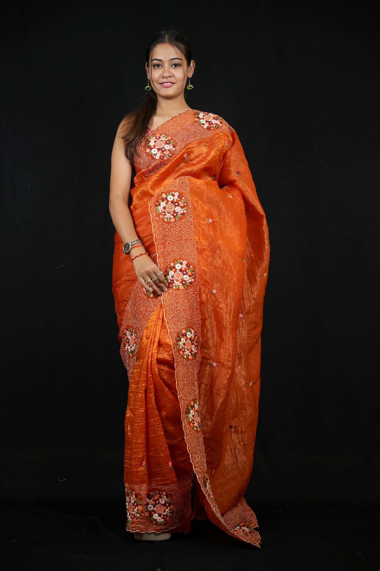 Soft Paper Crush Silk with Embroidered C-Pallu Ready To Wear Saree