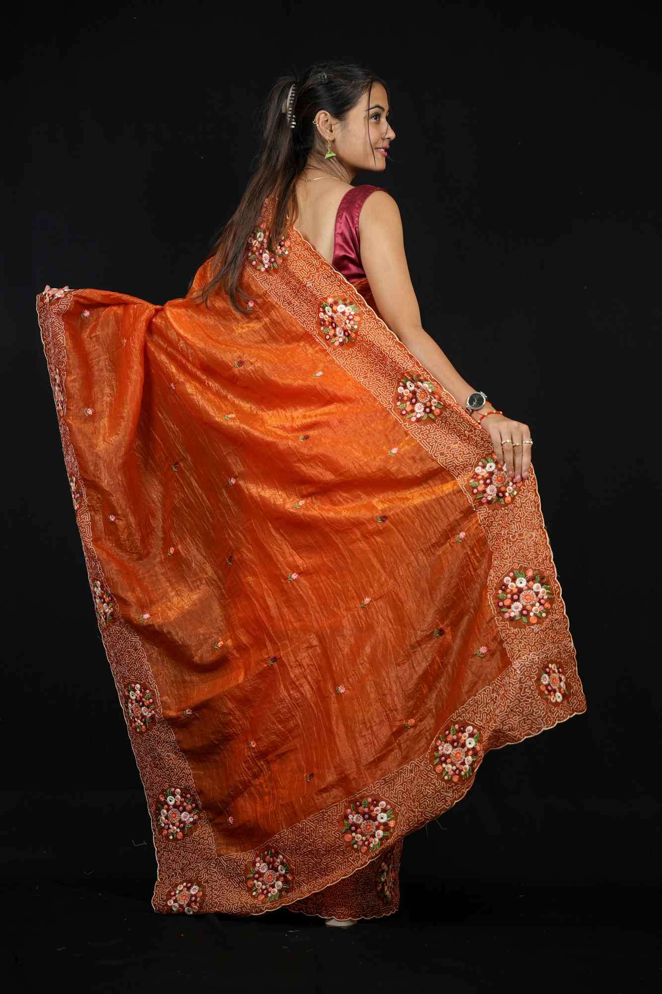 Soft Paper Crush Silk with Embroidered C-Pallu Ready To Wear Saree