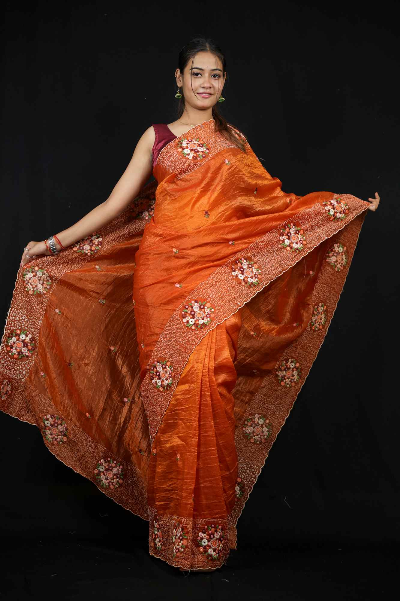 Soft Paper Crush Silk with Embroidered C-Pallu Ready To Wear Saree