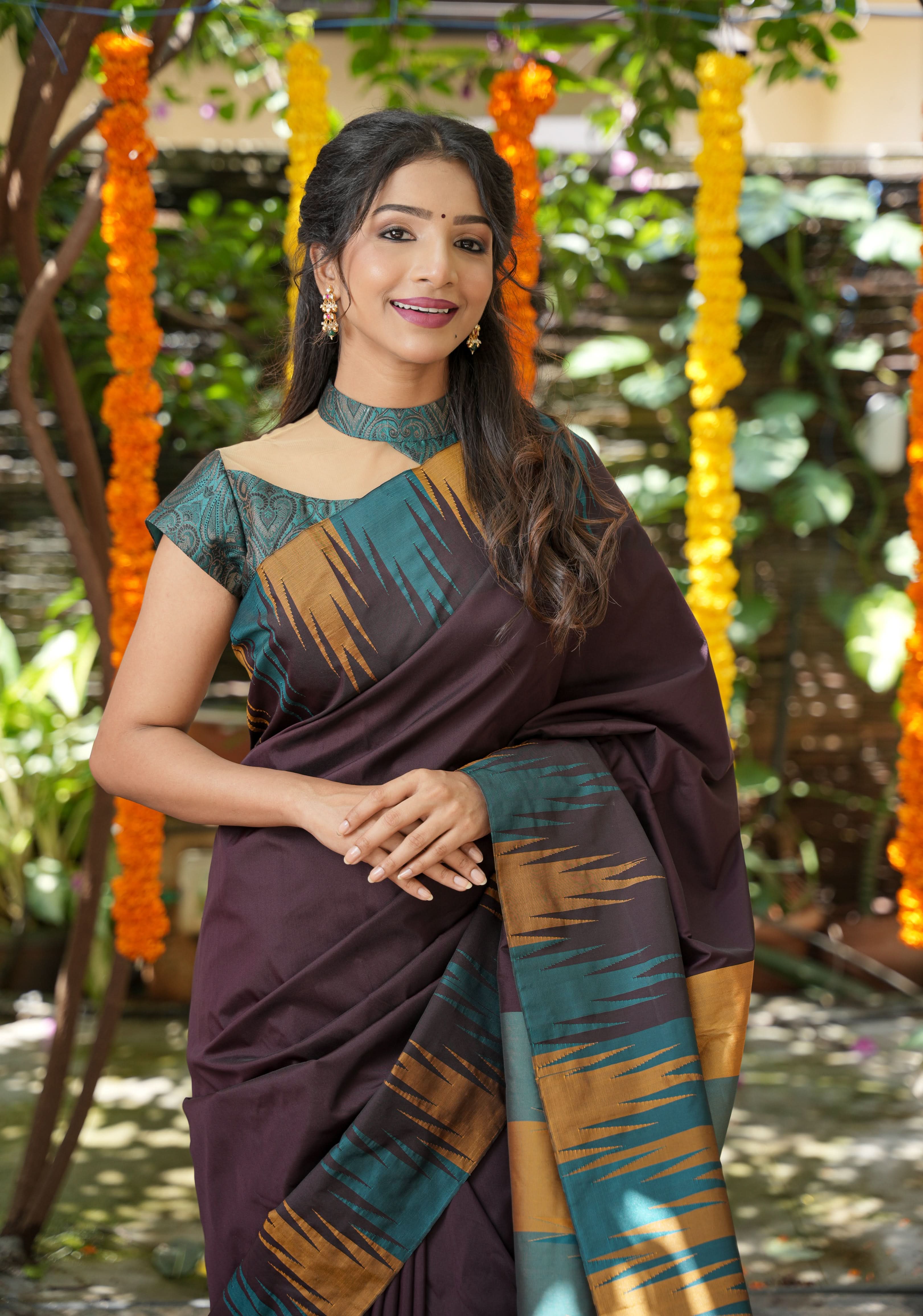 Brown Art Silk Saree with Two Color Temple Border | Shobitam