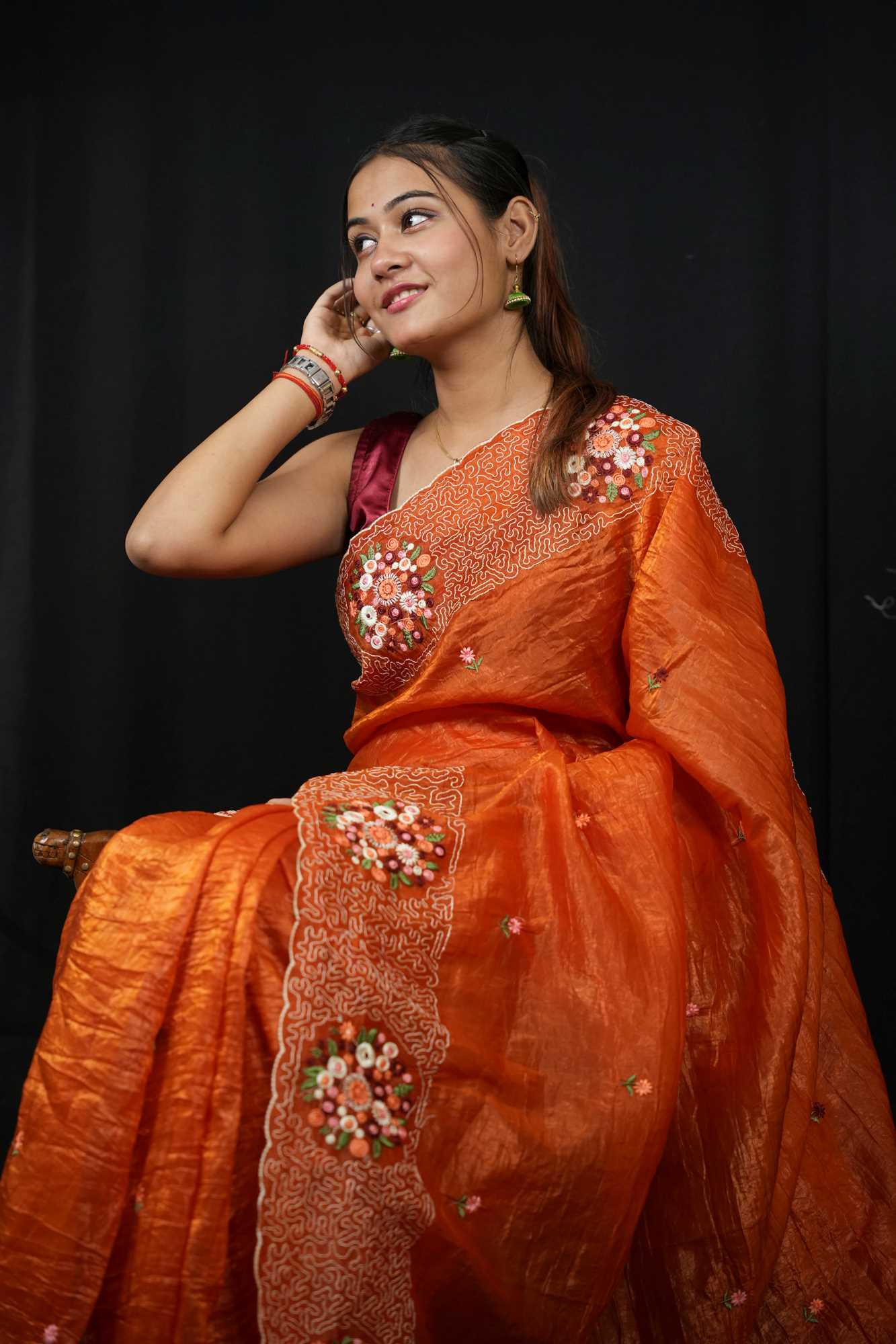 Soft Paper Crush Silk with Embroidered C-Pallu Ready To Wear Saree