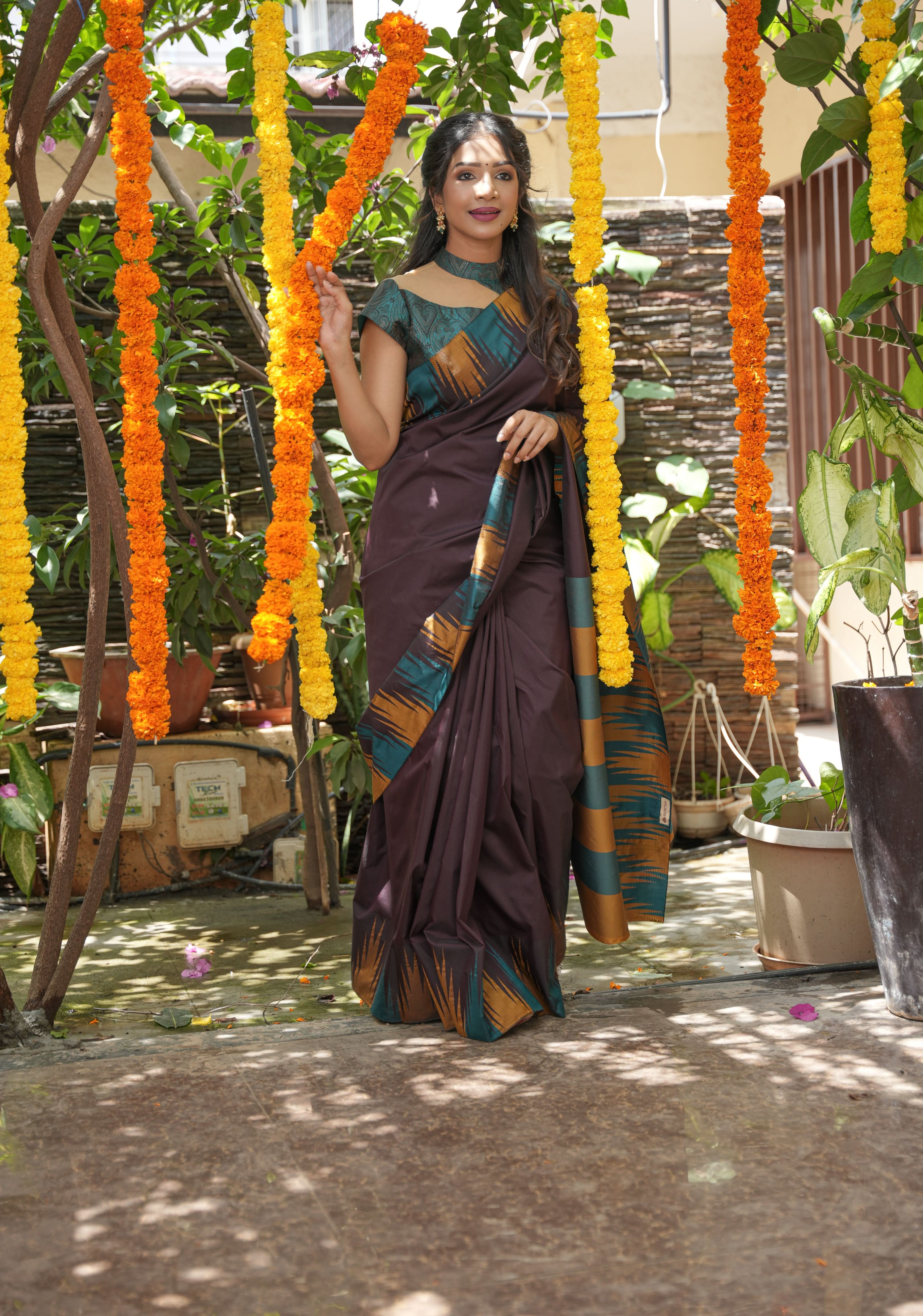 Brown Art Silk Saree with Two Color Temple Border | Shobitam