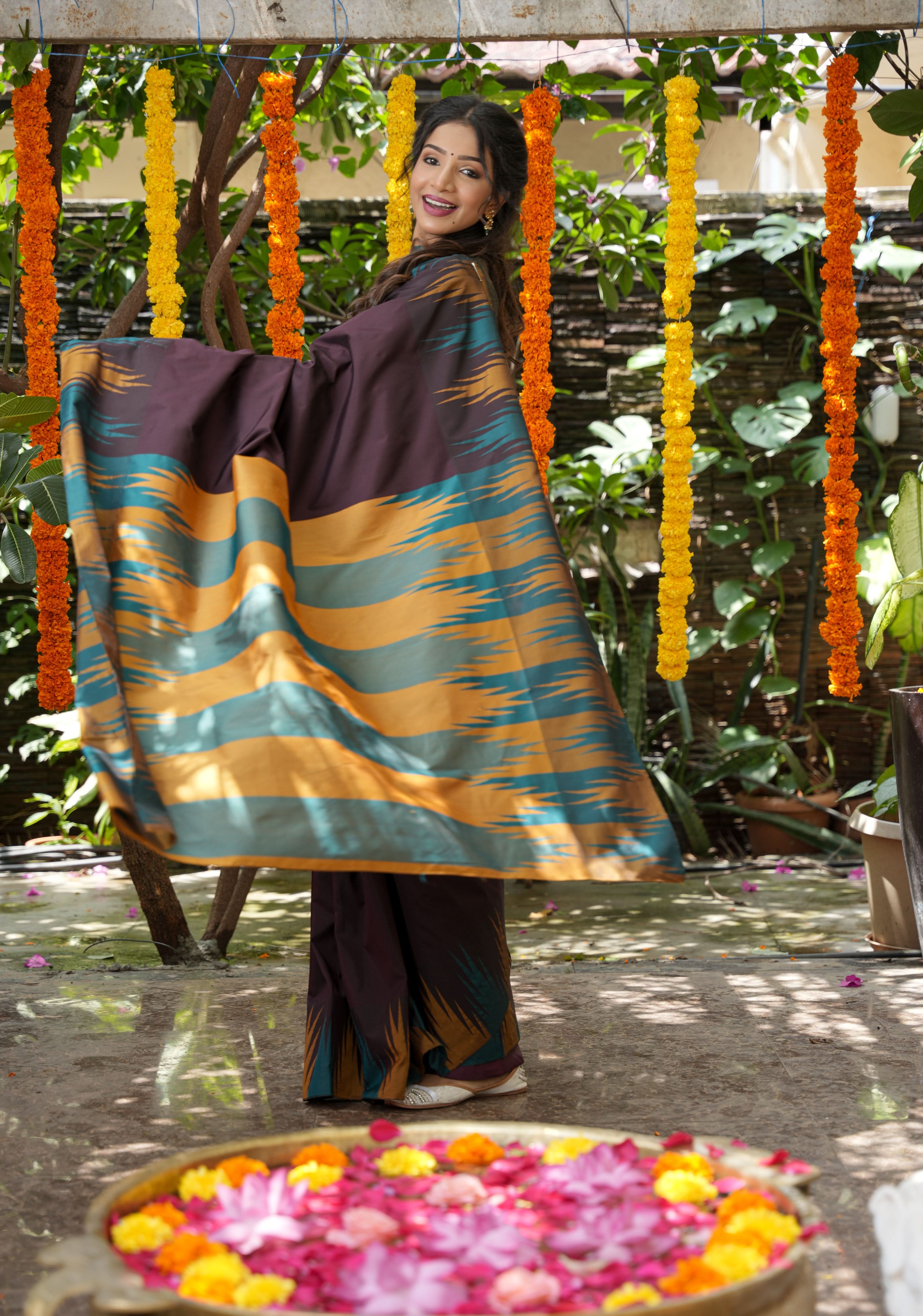 Brown Art Silk Saree with Two Color Temple Border | Shobitam