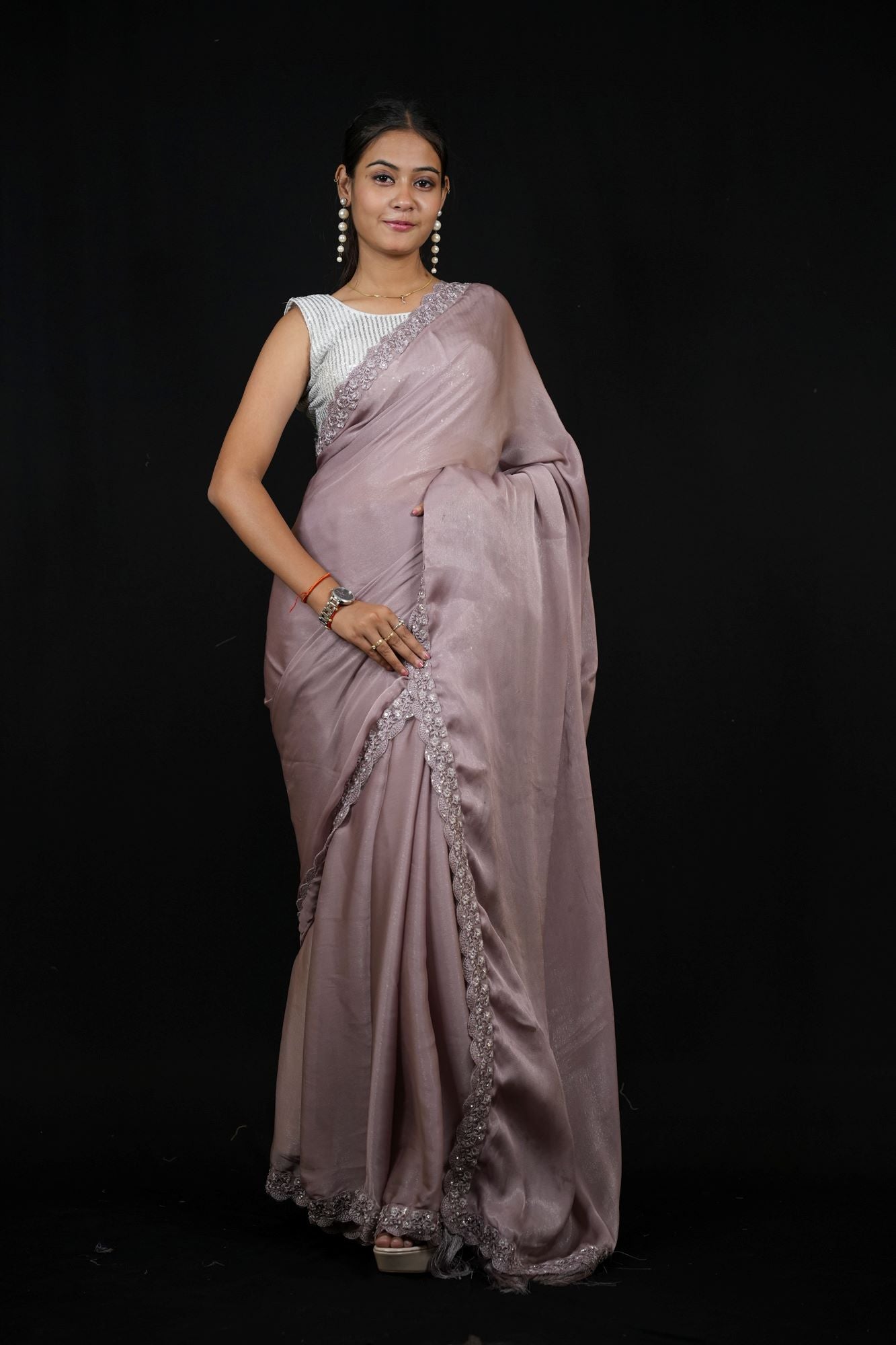 Lavender Georgette with Hand-Embroidered Jacket Blouse Ready To Wear Saree