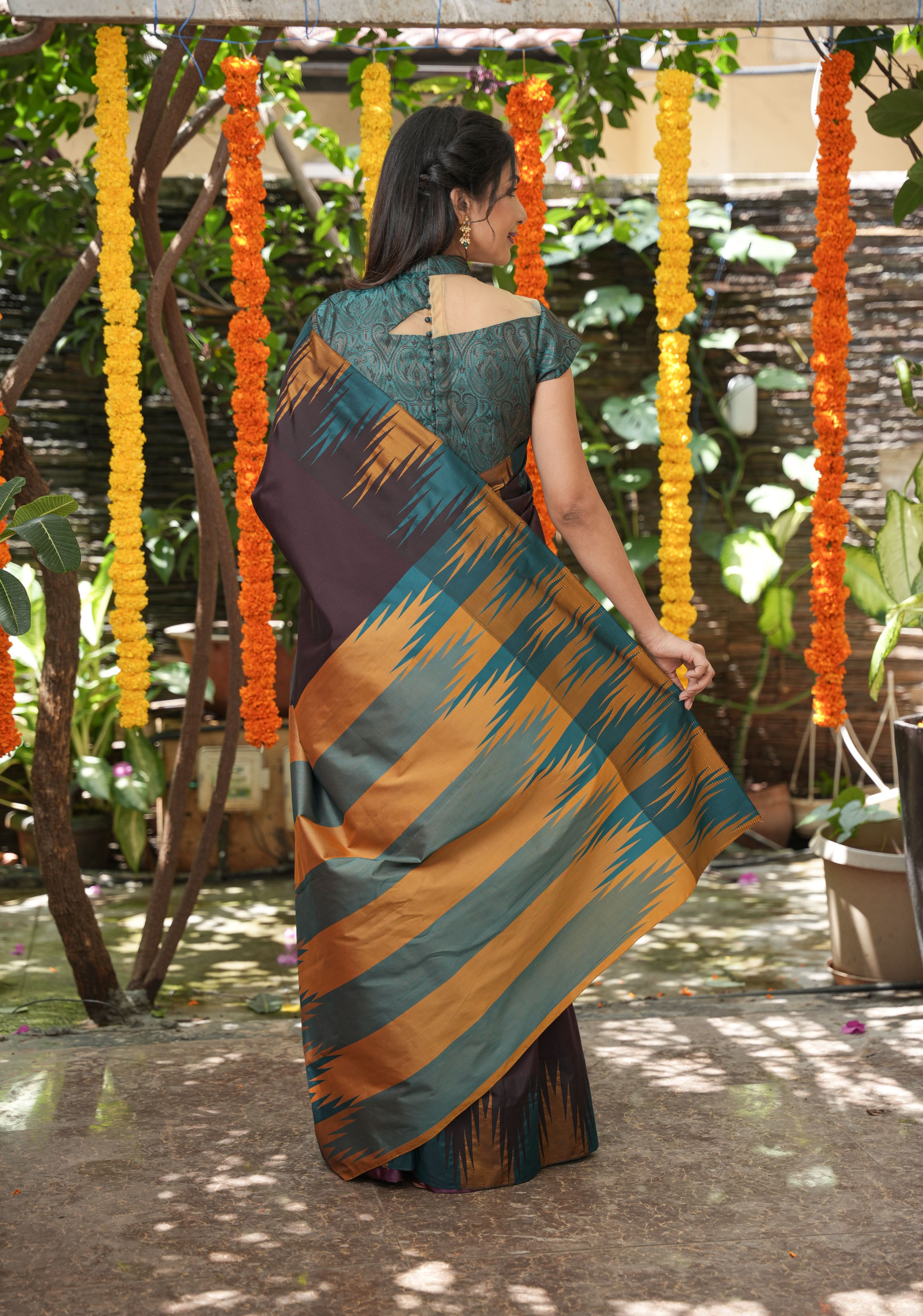 Brown Art Silk Saree with Two Color Temple Border | Shobitam