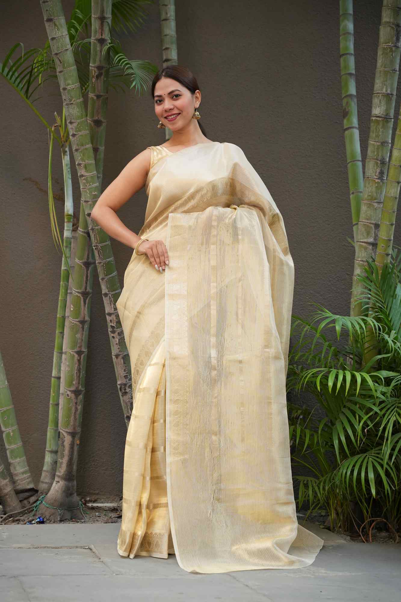 Gold Tissue Zari Weaving Work Ready To Wear Saree