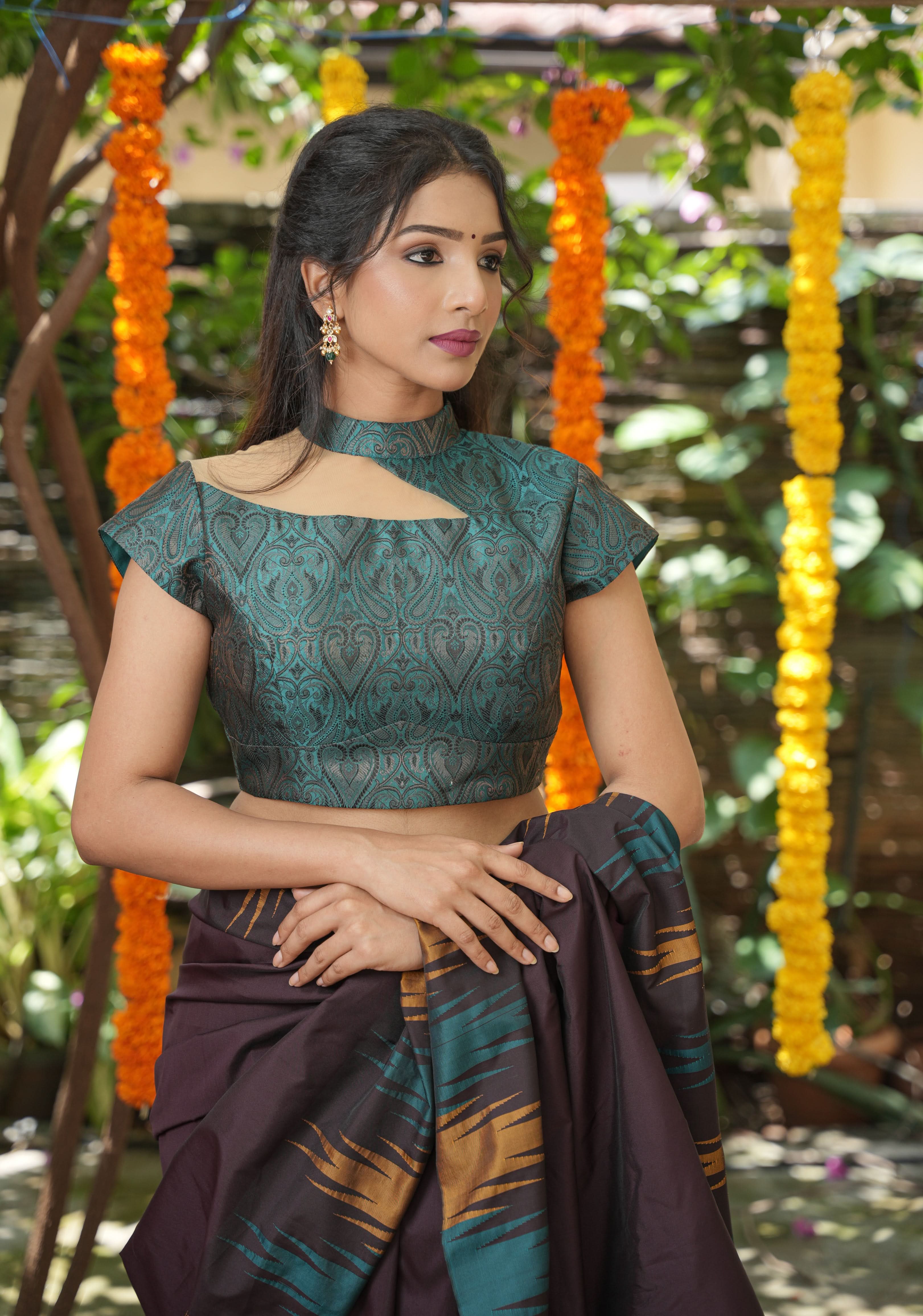 BLOUSE : Teal Banarasi Brocade Blouse with One Shoulder Cutout with Net, Made to Order | Shobitam