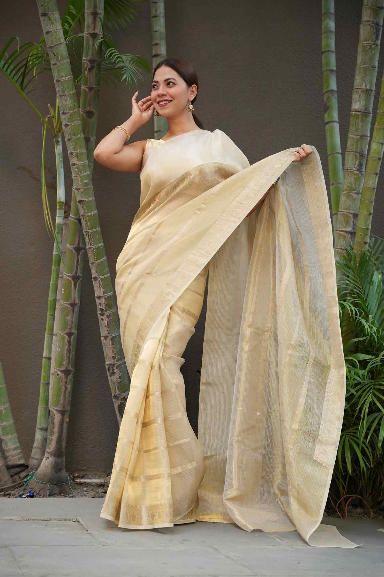 Gold Tissue Zari Weaving Work Ready To Wear Saree