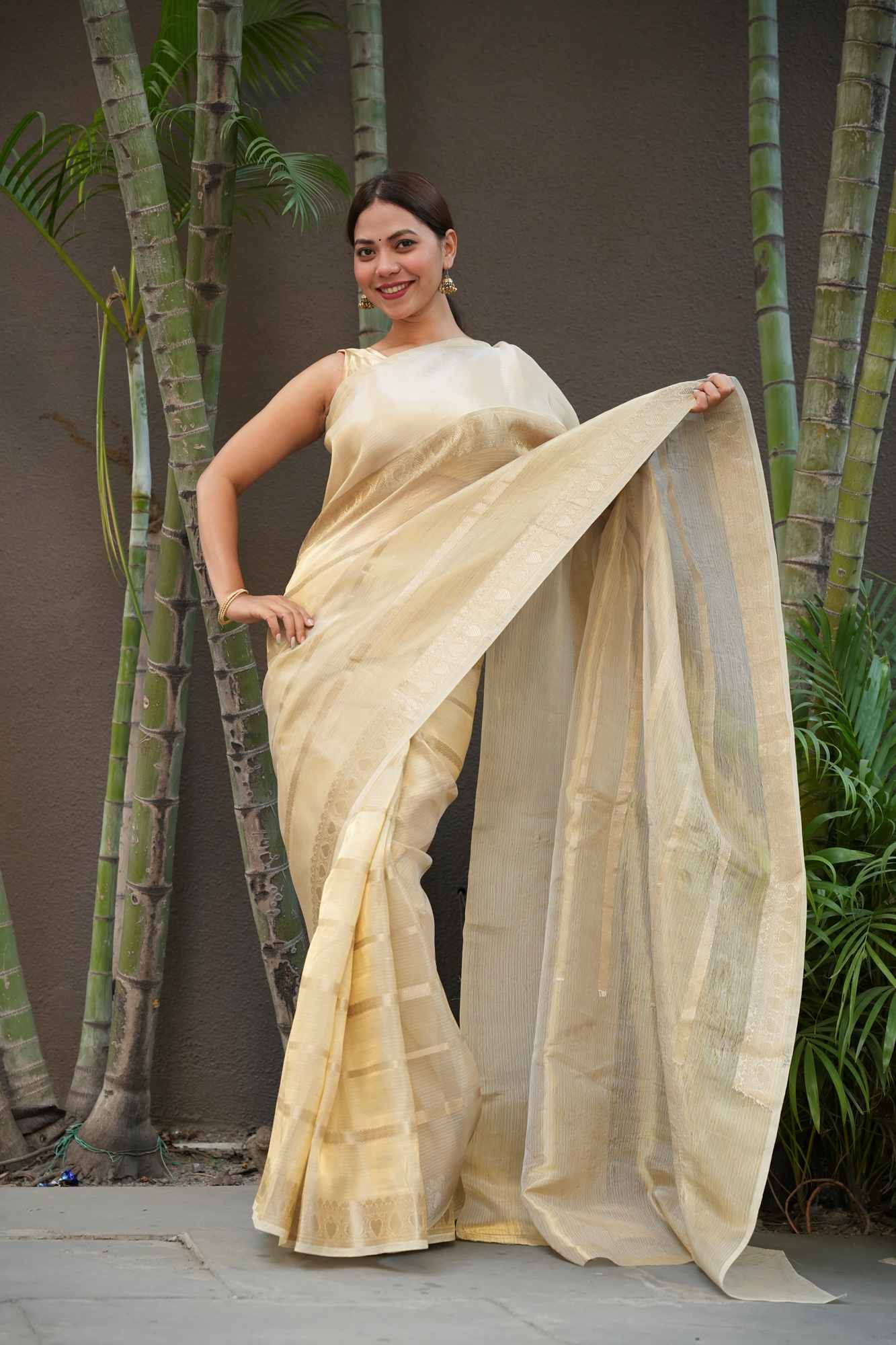 Gold Tissue Zari Weaving Work Ready To Wear Saree