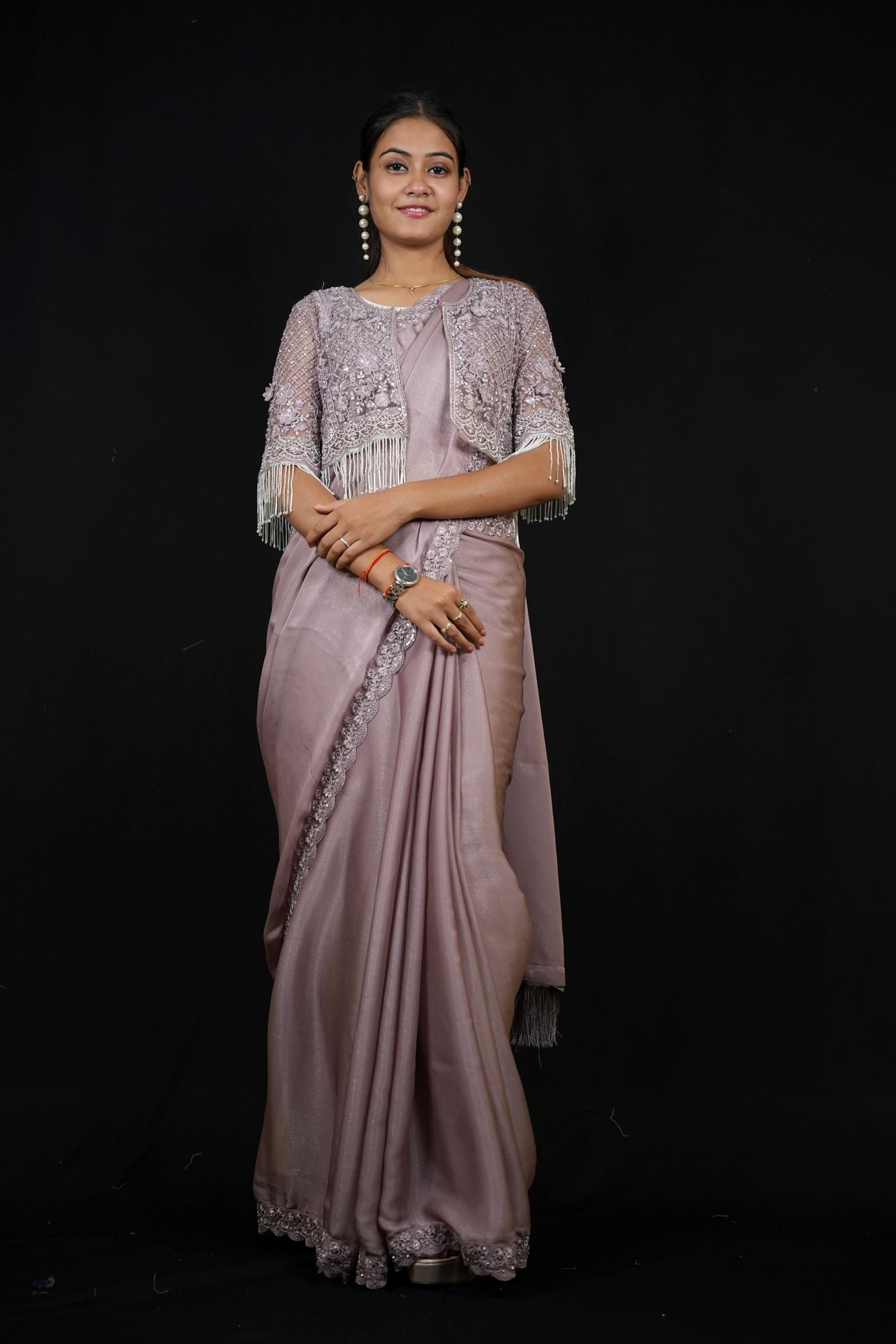 Lavender Georgette with Hand-Embroidered Jacket Blouse Ready To Wear Saree