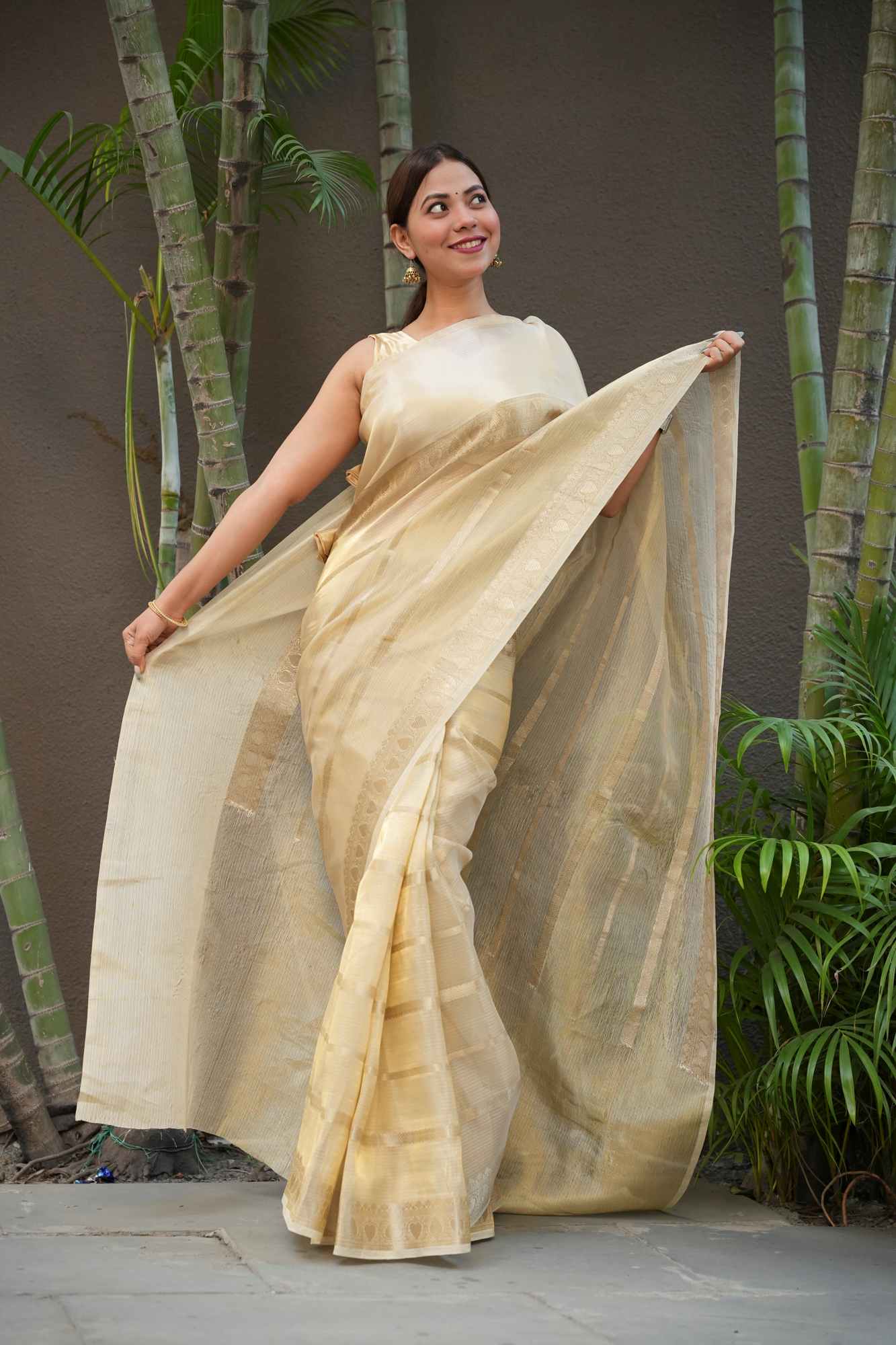 Gold Tissue Zari Weaving Work Ready To Wear Saree