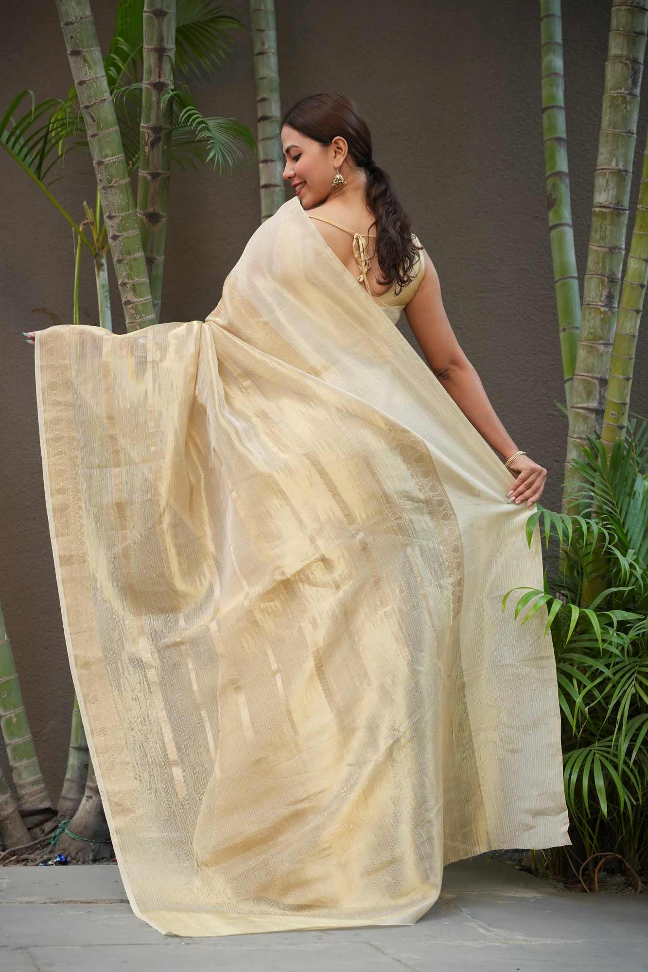 Gold Tissue Zari Weaving Work Ready To Wear Saree
