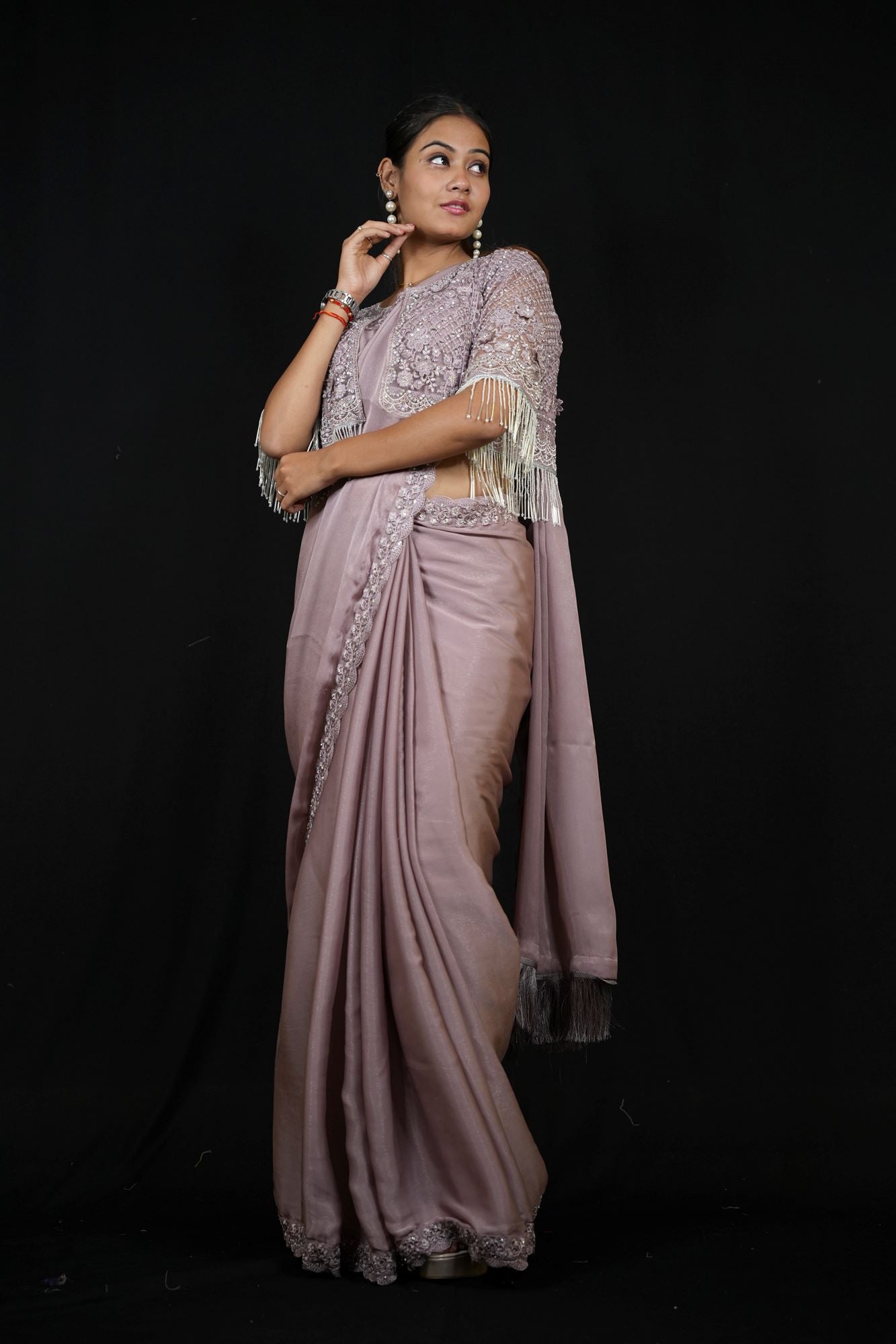 Lavender Georgette with Hand-Embroidered Jacket Blouse Ready To Wear Saree