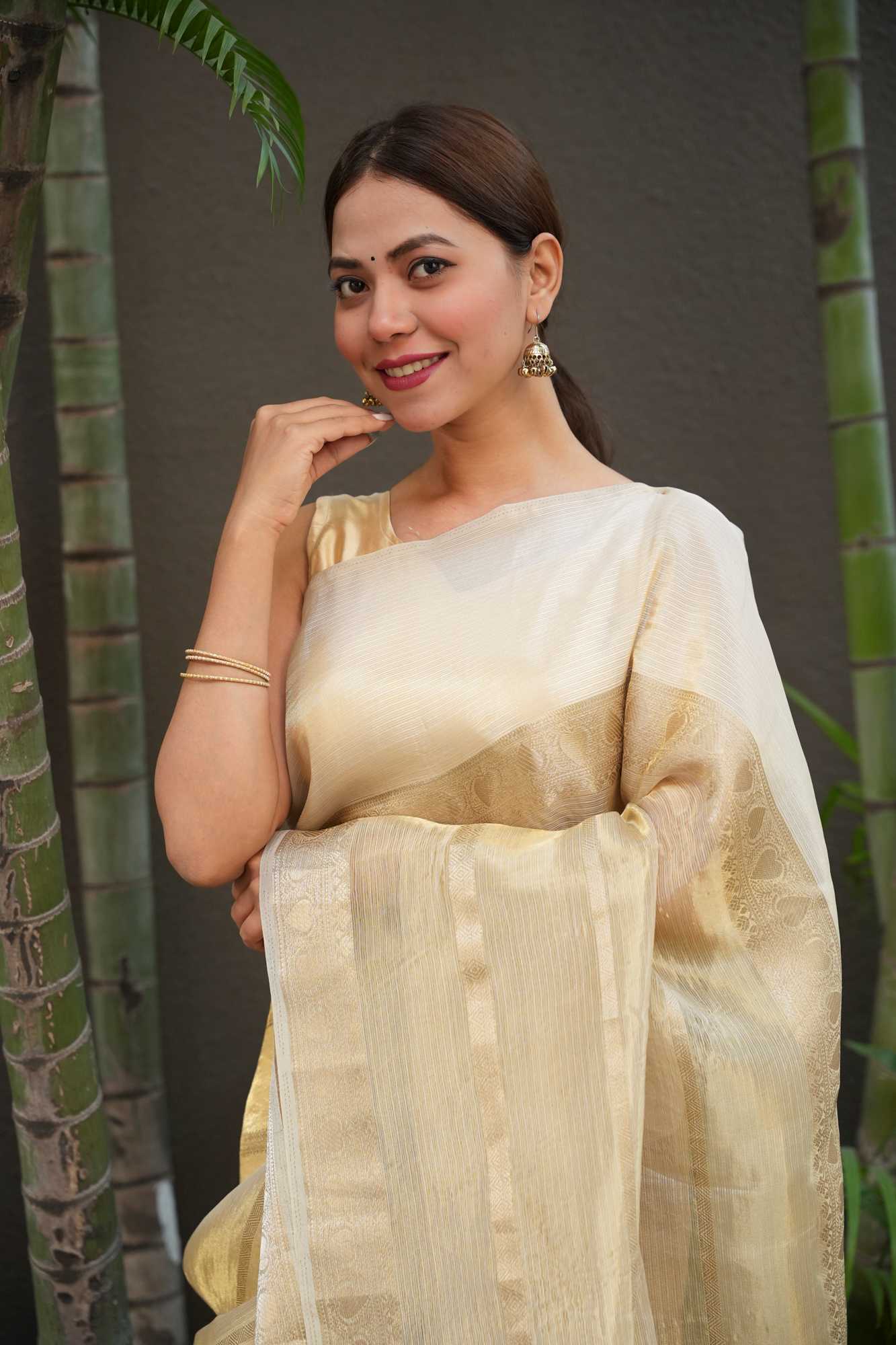 Gold Tissue Zari Weaving Work Ready To Wear Saree