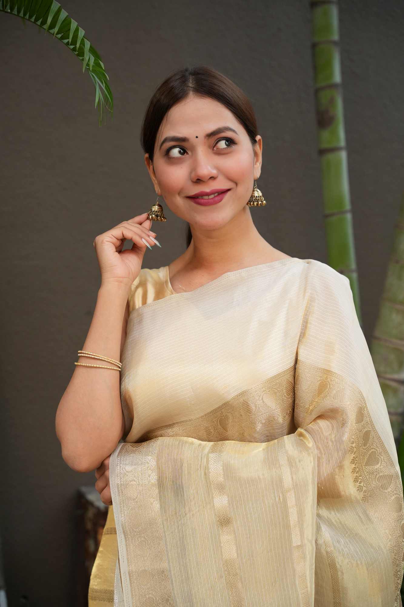 Gold Tissue Zari Weaving Work Ready To Wear Saree