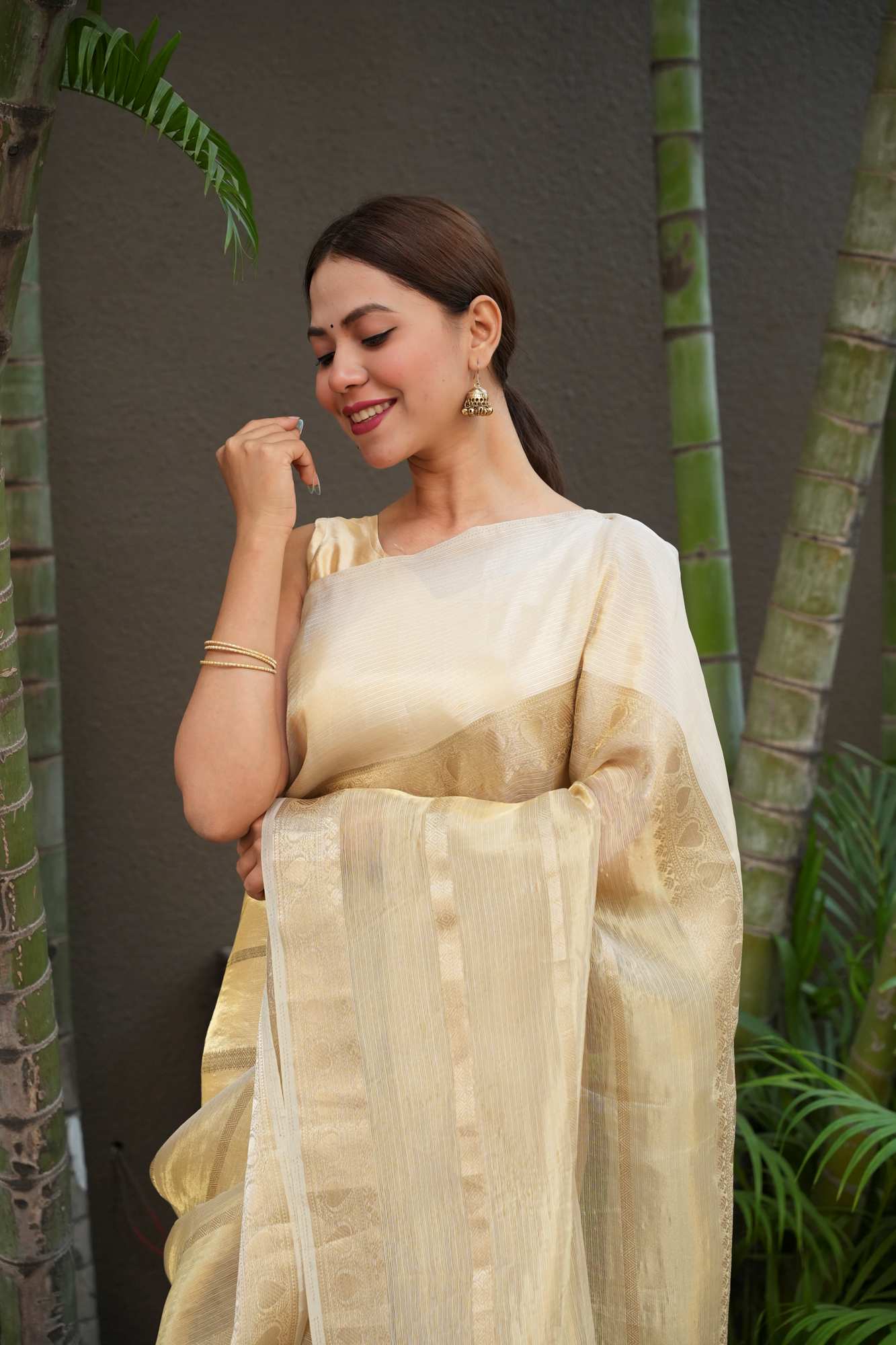 Gold Tissue Zari Weaving Work Ready To Wear Saree