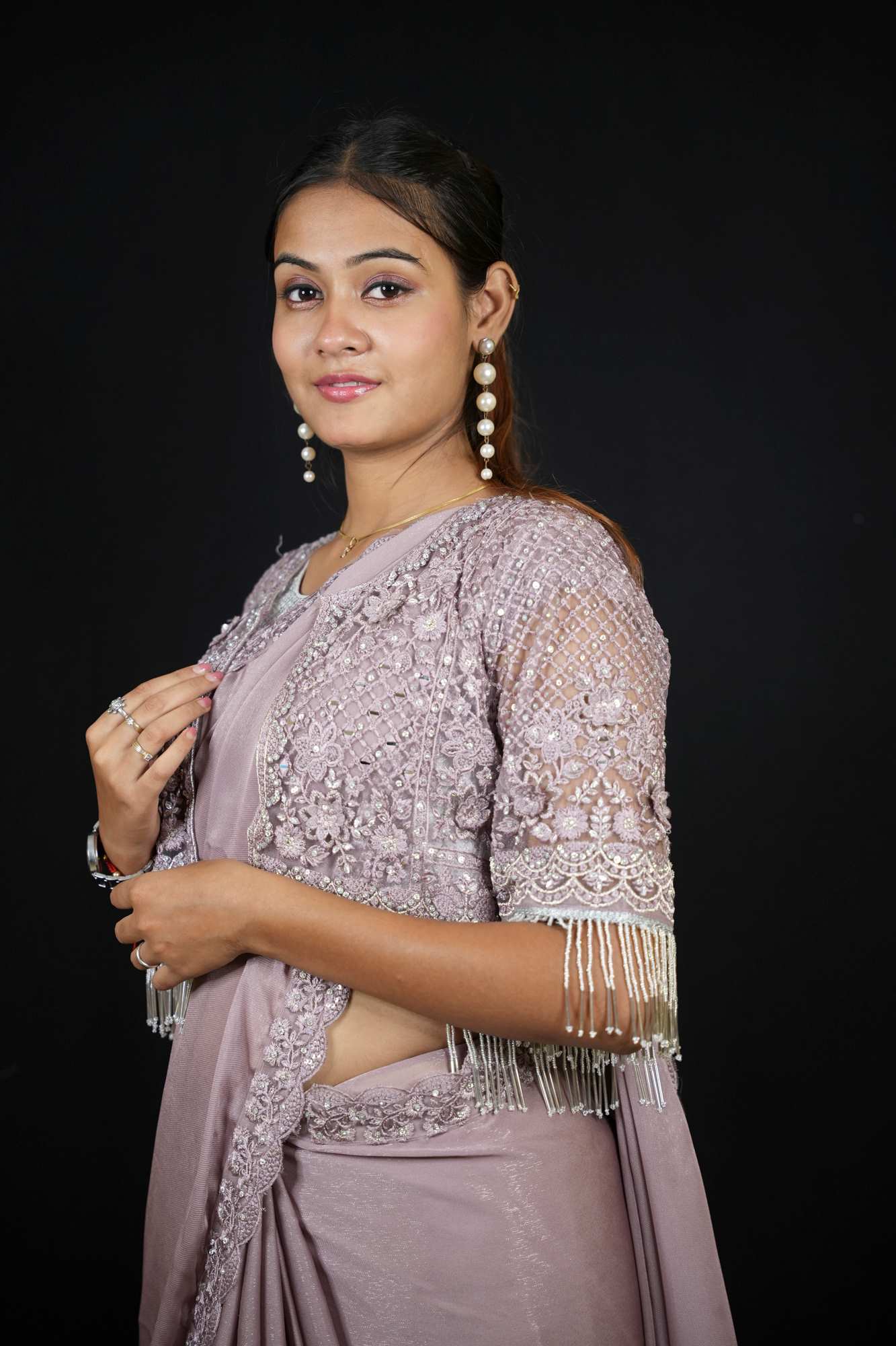 Lavender Georgette with Hand-Embroidered Jacket Blouse Ready To Wear Saree