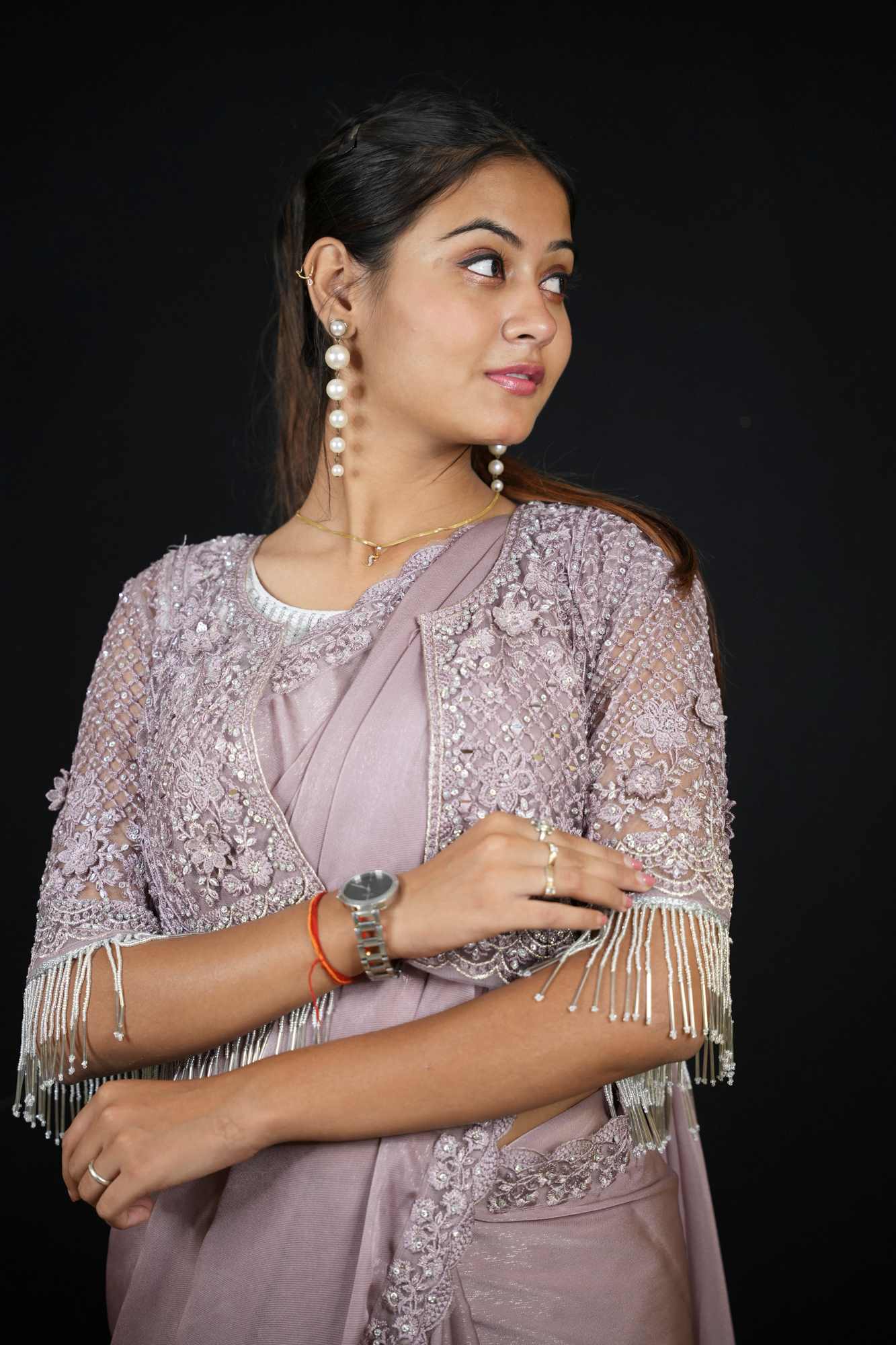 Lavender Georgette with Hand-Embroidered Jacket Blouse Ready To Wear Saree