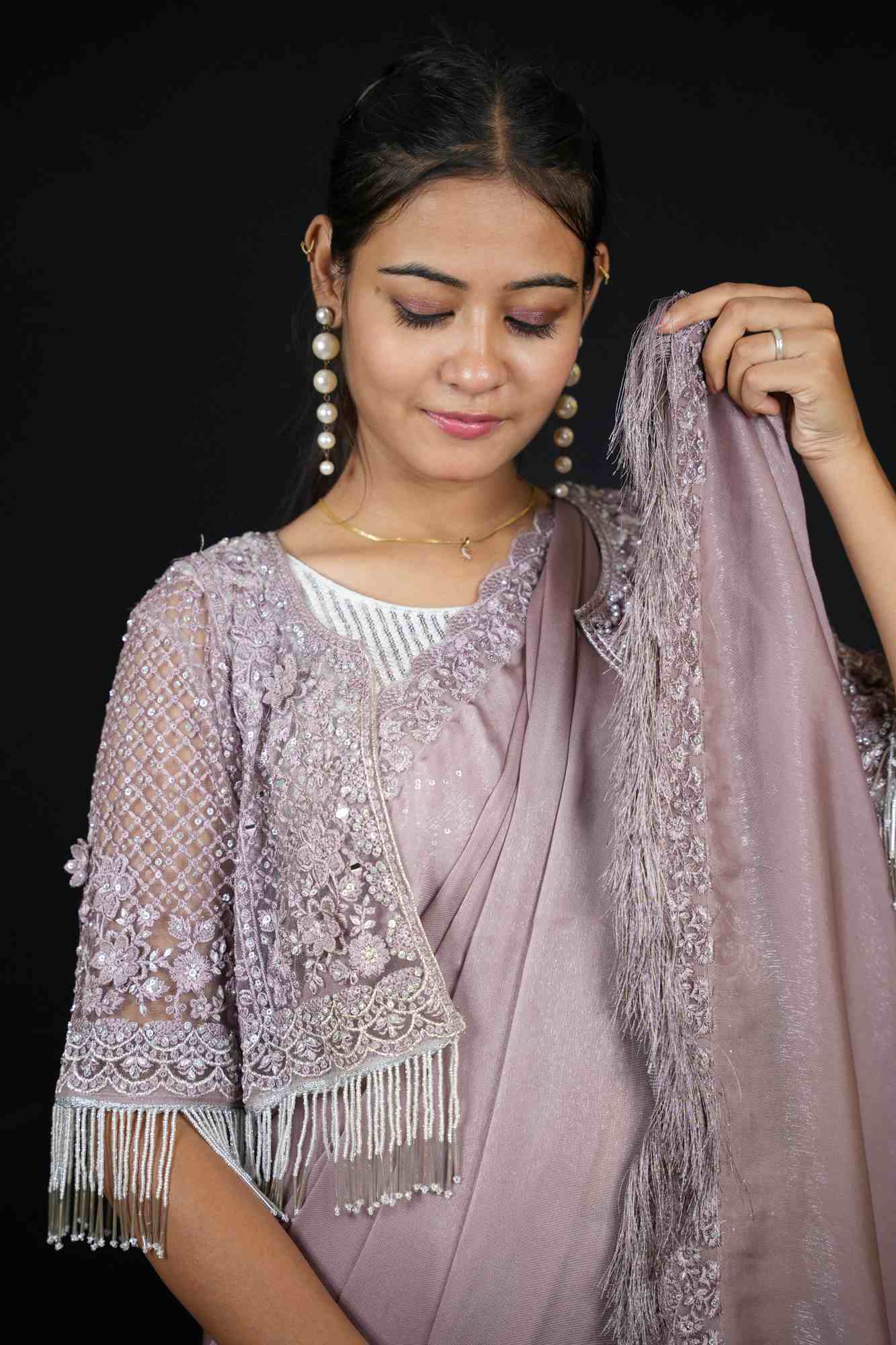 Lavender Georgette with Hand-Embroidered Jacket Blouse Ready To Wear Saree